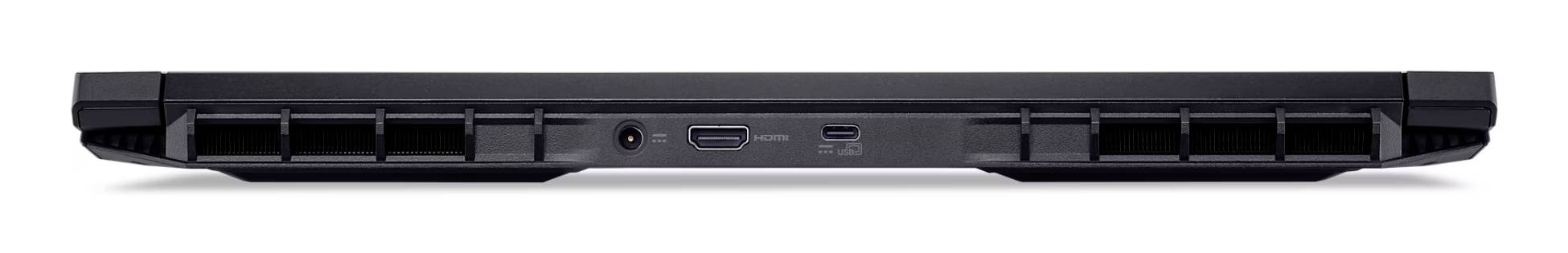 Seitenansicht eines schwarzen Laptops, die die geschlossene Vorderkante mit mehreren sichtbaren Anschlüssen und Lüftungsöffnungen zeigt.