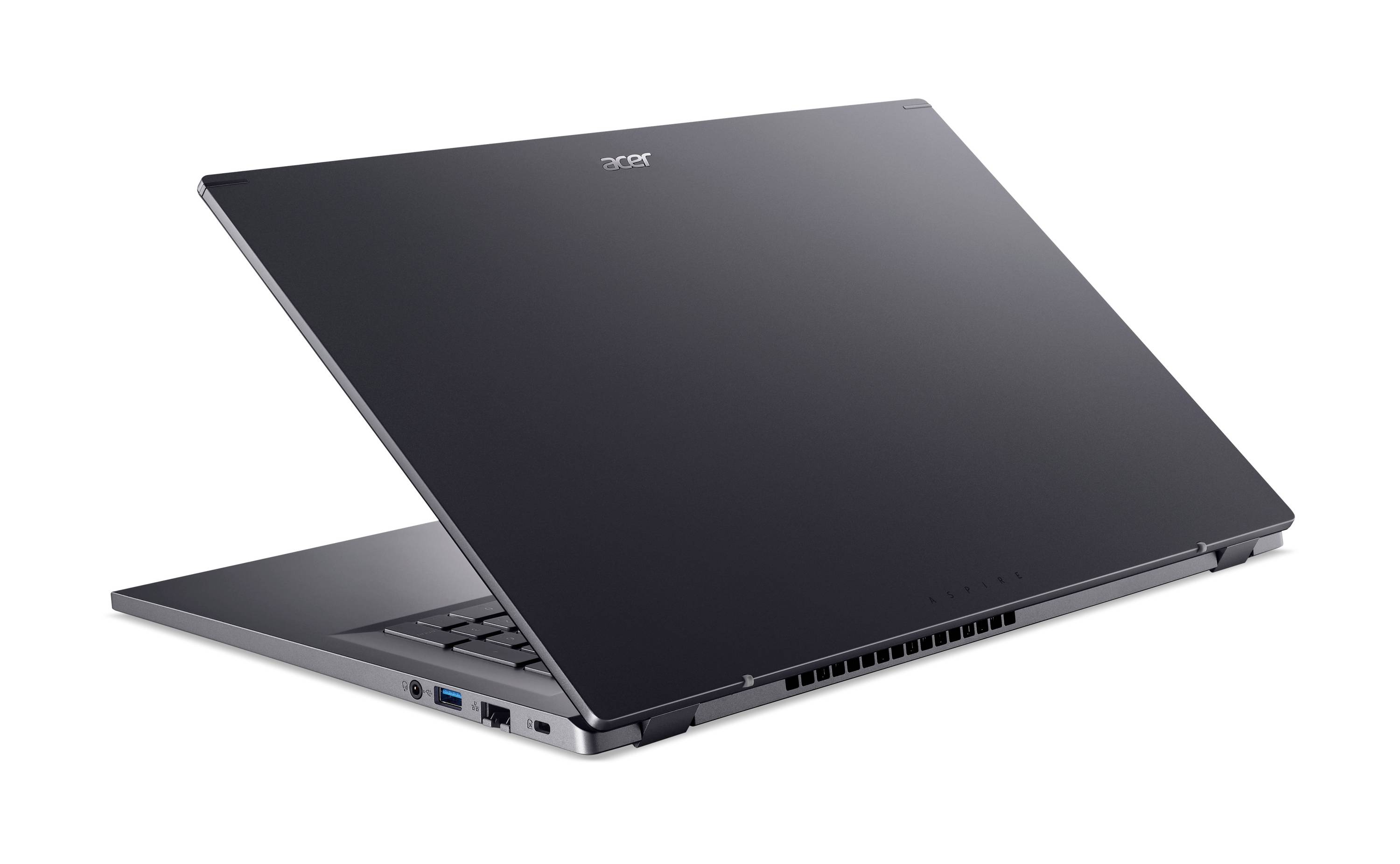 Offener Acer-Laptop, teilweise von hinten gezeigt, mit dunklem Deckel und silberner Tastatureinheit auf weißem Hintergrund.