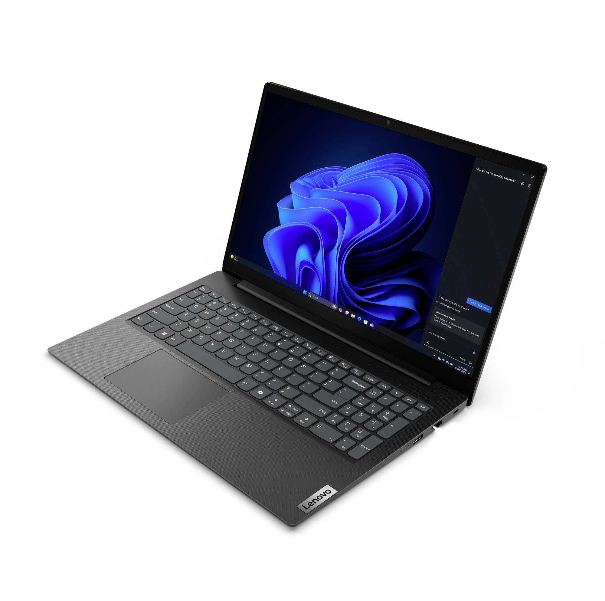 Schwarzer Lenovo-Laptop in einem Winkel geöffnet, zeigt einen Windows-11-Desktop mit der blauen Wirbel-Hintergrund auf dem Bildschirm.