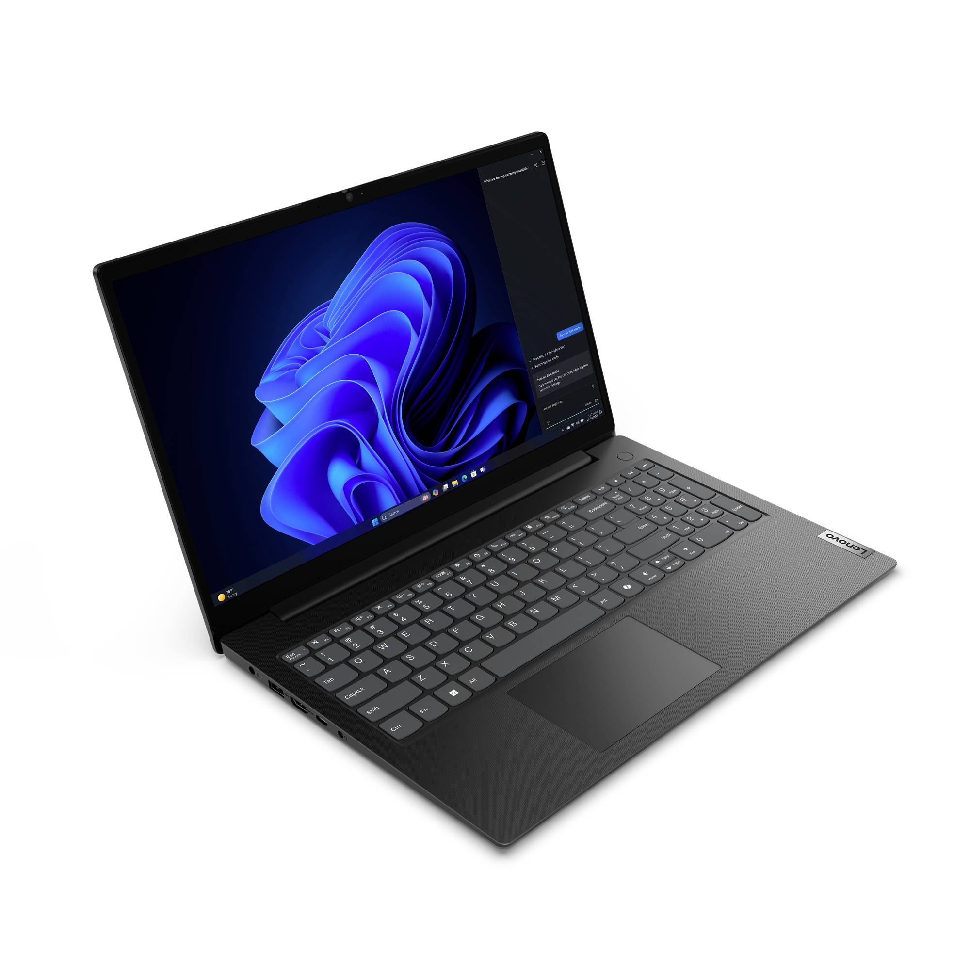 Schwarzer Lenovo-Laptop in einem Winkel geöffnet, zeigt einen Windows 11-Desktop mit blauem abstraktem Hintergrundbild auf weißem Hintergrund.