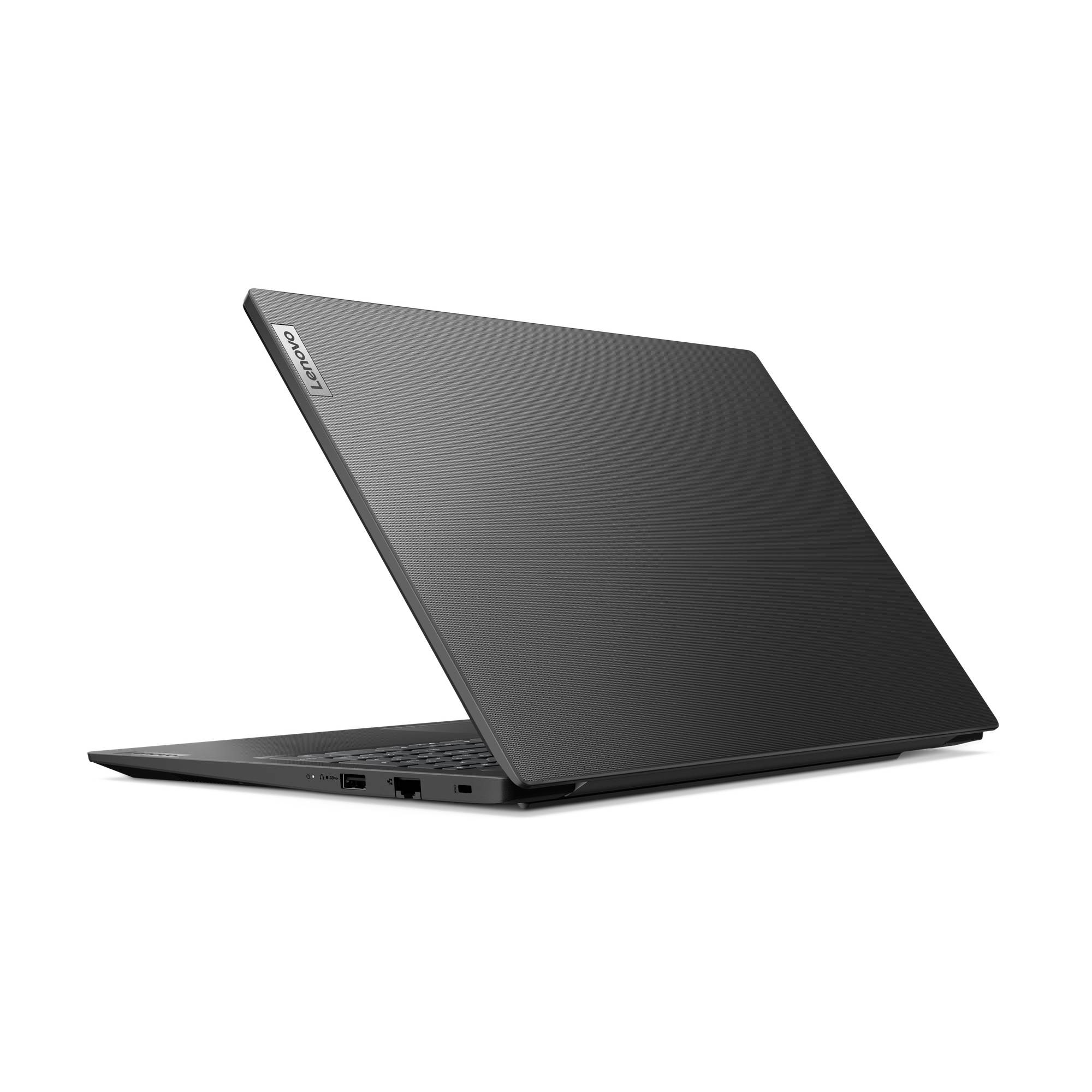 Schwarzer Lenovo-Laptop, teilweise geöffnet auf weißem Hintergrund, aus seitlicher Ansicht betrachtet.