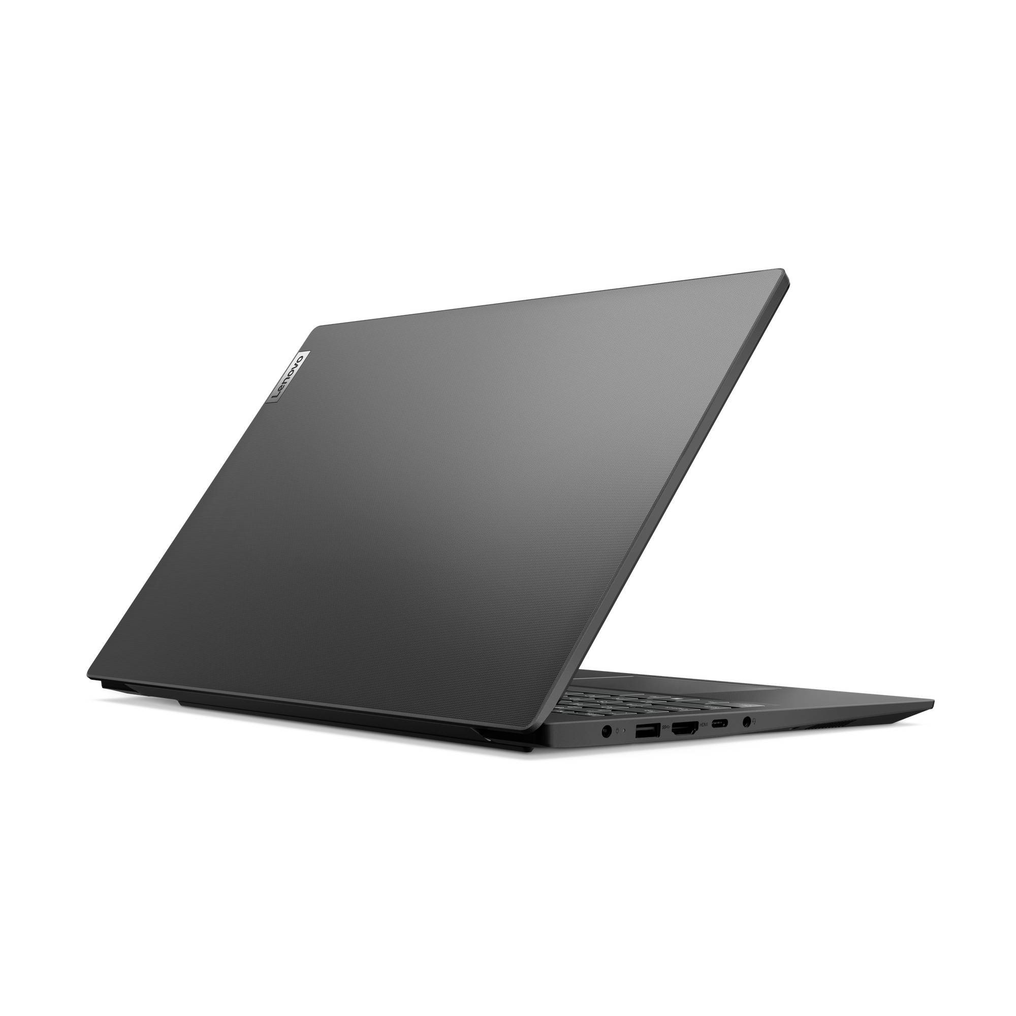 Geschlossener schwarzer Laptop in Seitenansicht, wobei der Deckel teilweise offen auf weißem Hintergrund zu sehen ist.