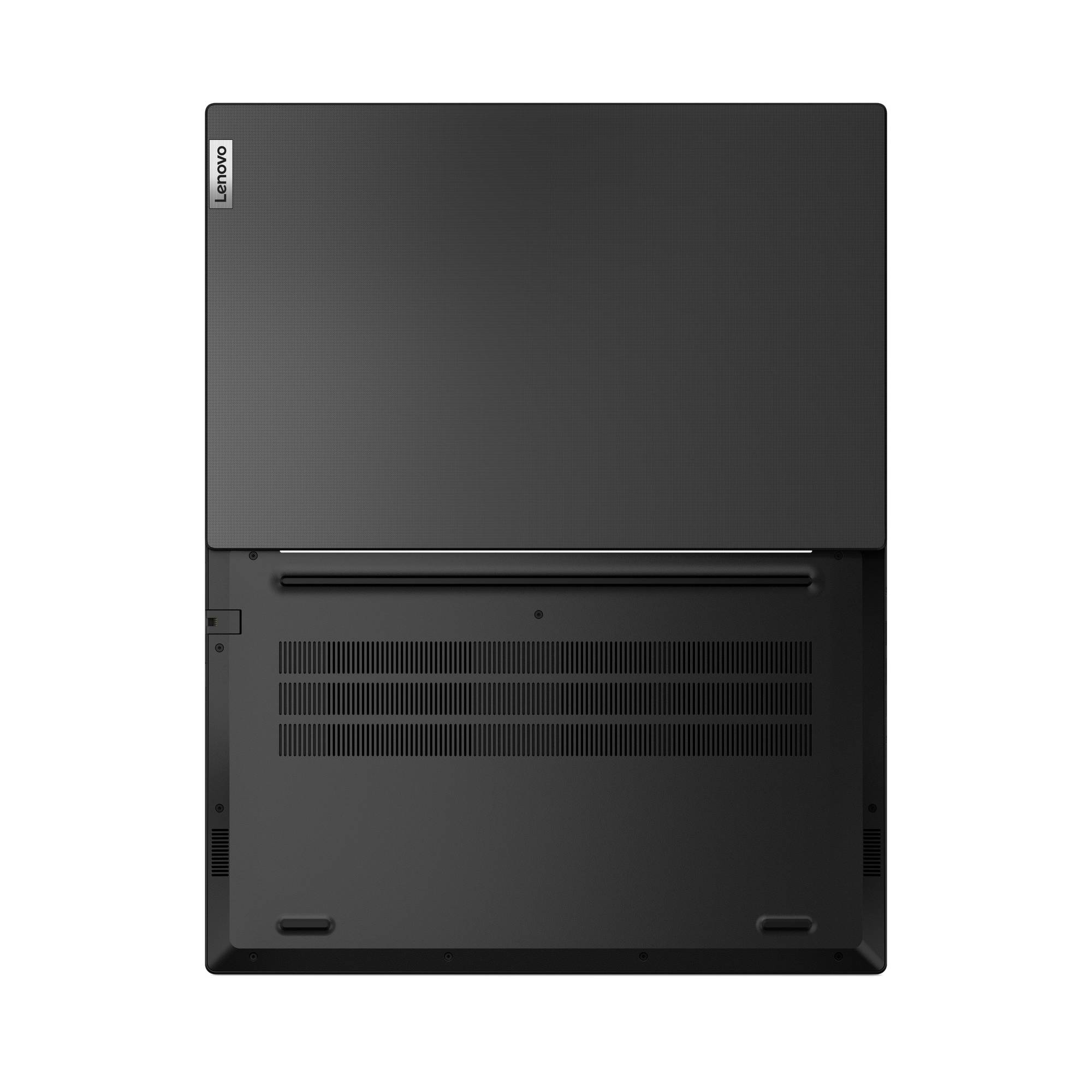 Rückansicht eines Lenovo-Laptops mit Blick auf die untere Abdeckung mit Belüftungsgittern und Scharnier-Bereich.