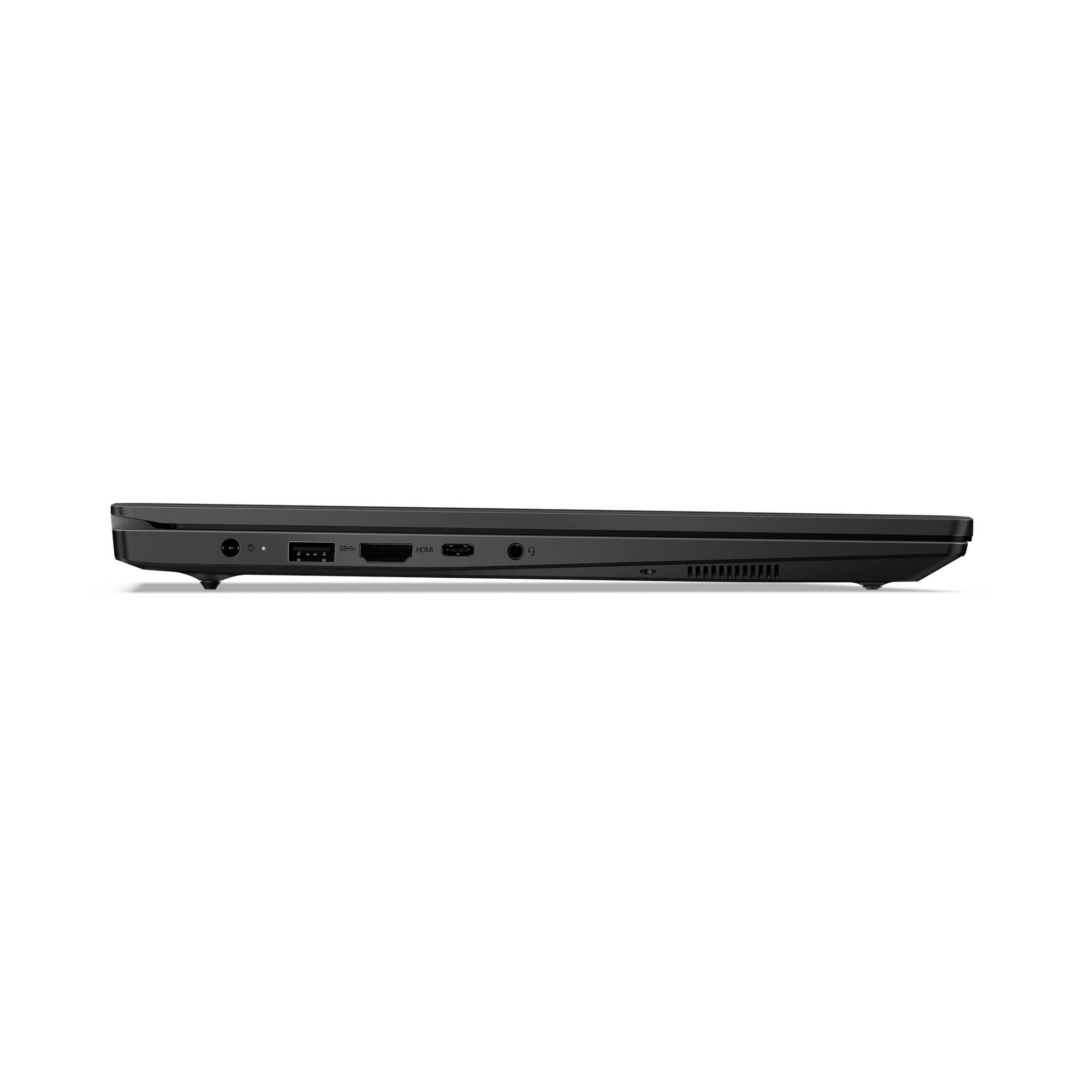Seitenansicht eines geschlossenen schwarzen Laptops, die sein dünnes Profil und die Anschlüsse auf der linken Seite vor weißem Hintergrund zeigt.