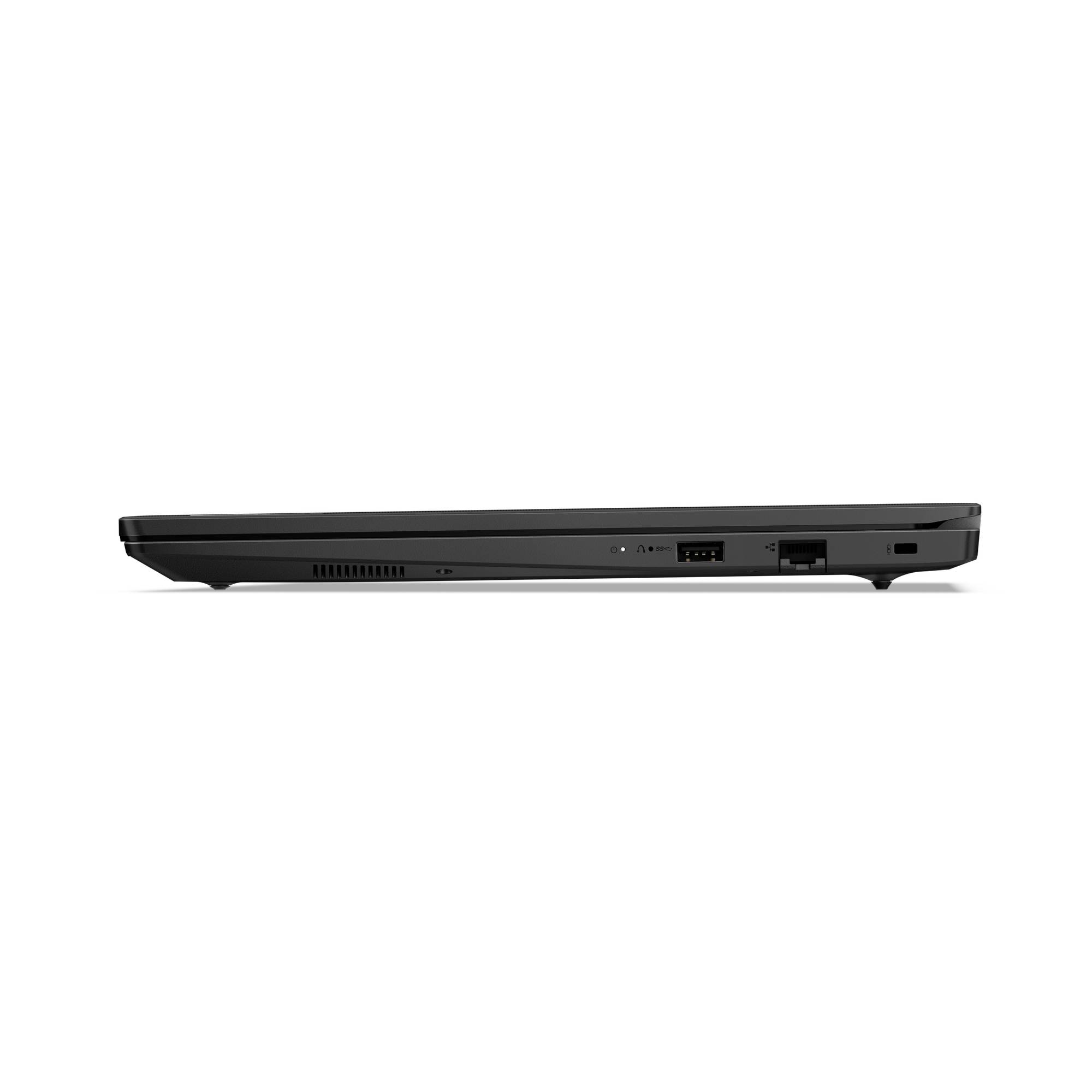 Seitenansicht eines schwarzen Laptops, das sein dünnes Profil mit Belüftungsschlitzen, USB-Anschlüssen und einer Stromversorgungsbuchse auf weißem Hintergrund zeigt.