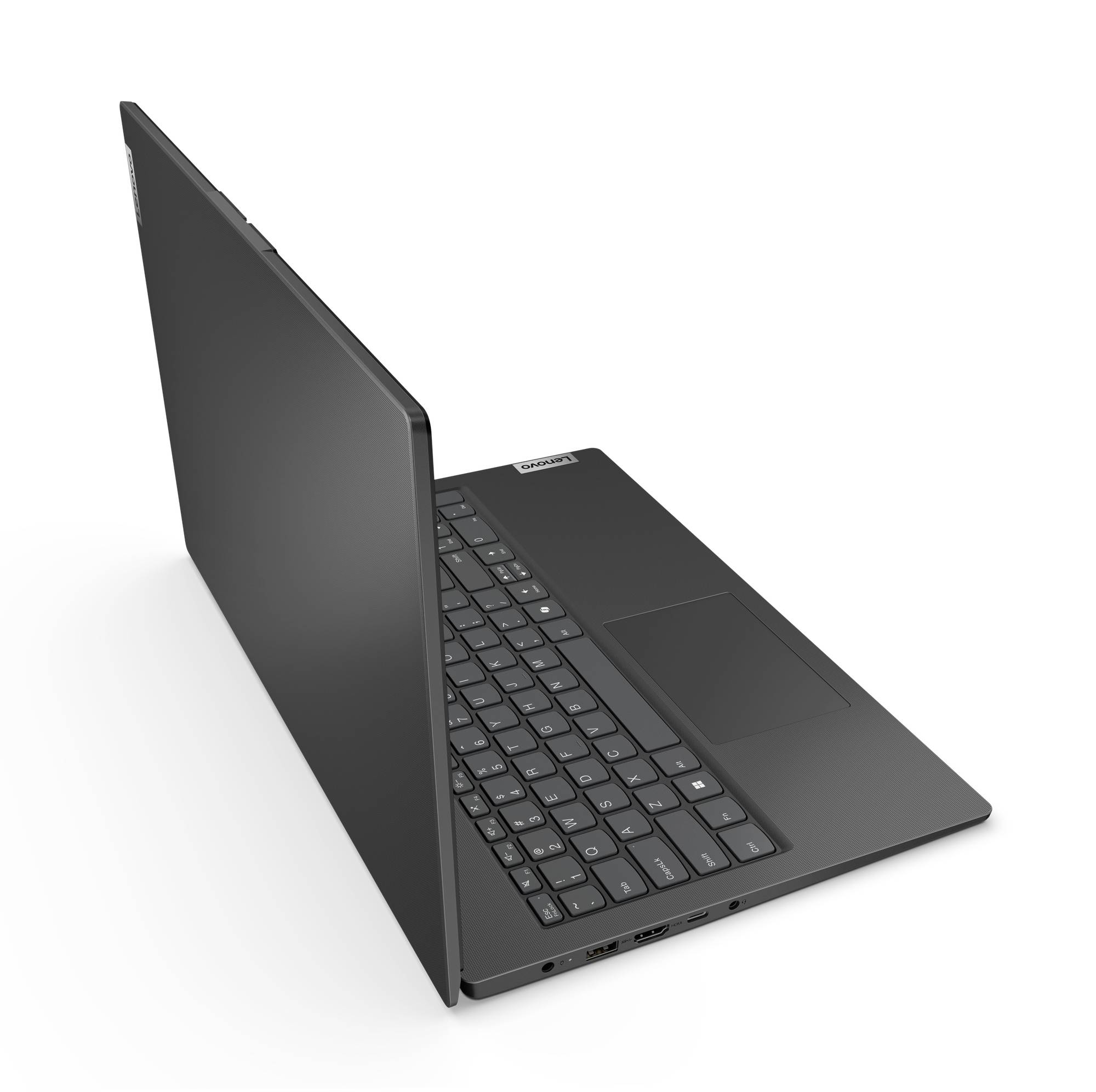 Schwarzer Laptop, der geöffnet in einem Winkel auf weißem Hintergrund gezeigt wird, mit sichtbarer Tastatur und Touchpad.