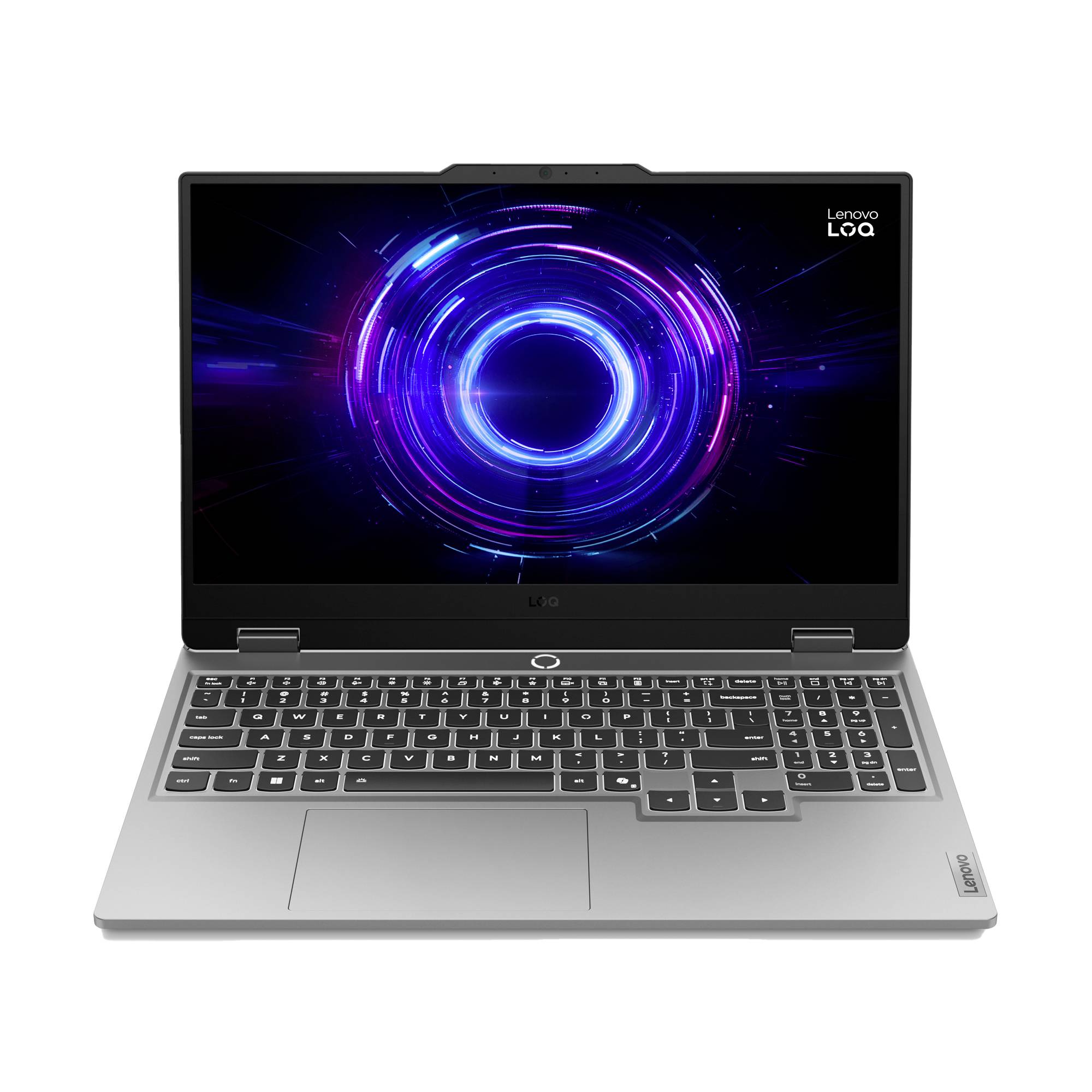 Vorderansicht eines geöffneten Lenovo LOQ Laptops auf weißem Hintergrund, auf dem ein leuchtend violett-blau leuchtendes Kreisgrafikelement auf dem Bildschirm und eine vollständige Tastatur zu sehen sind.