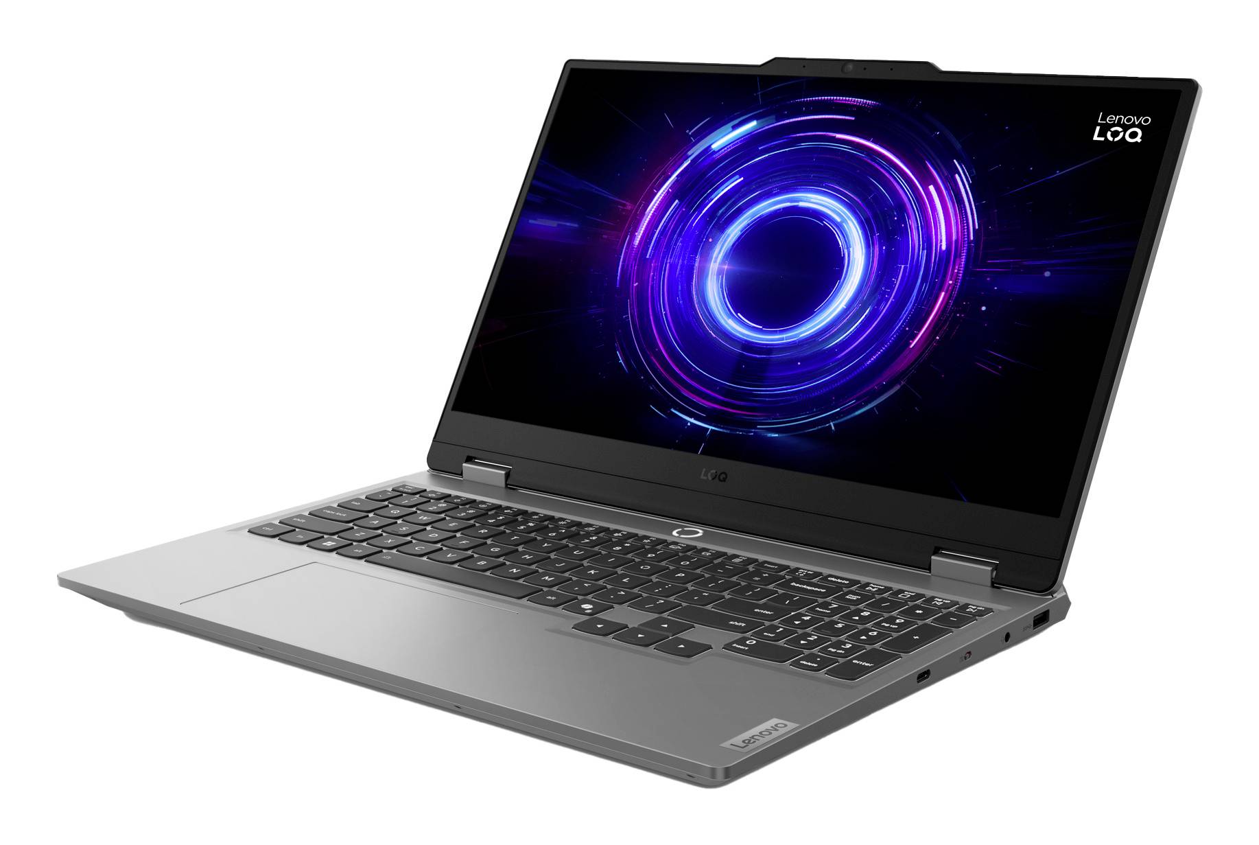 Lenovo LOQ Laptop zeigt einen violetten Neon-Ring auf dem Bildschirm vor weißem Hintergrund.