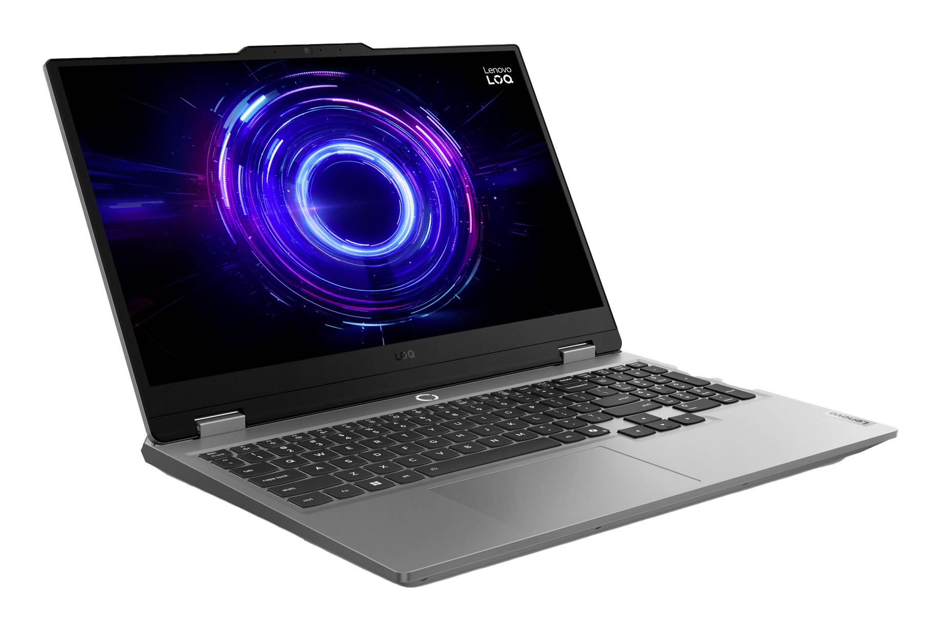 Silberner Lenovo-Laptop, der in einem Winkel offen angezeigt wird, mit einer leuchtenden blauvioletten kreisförmigen Grafik auf dem Bildschirm.