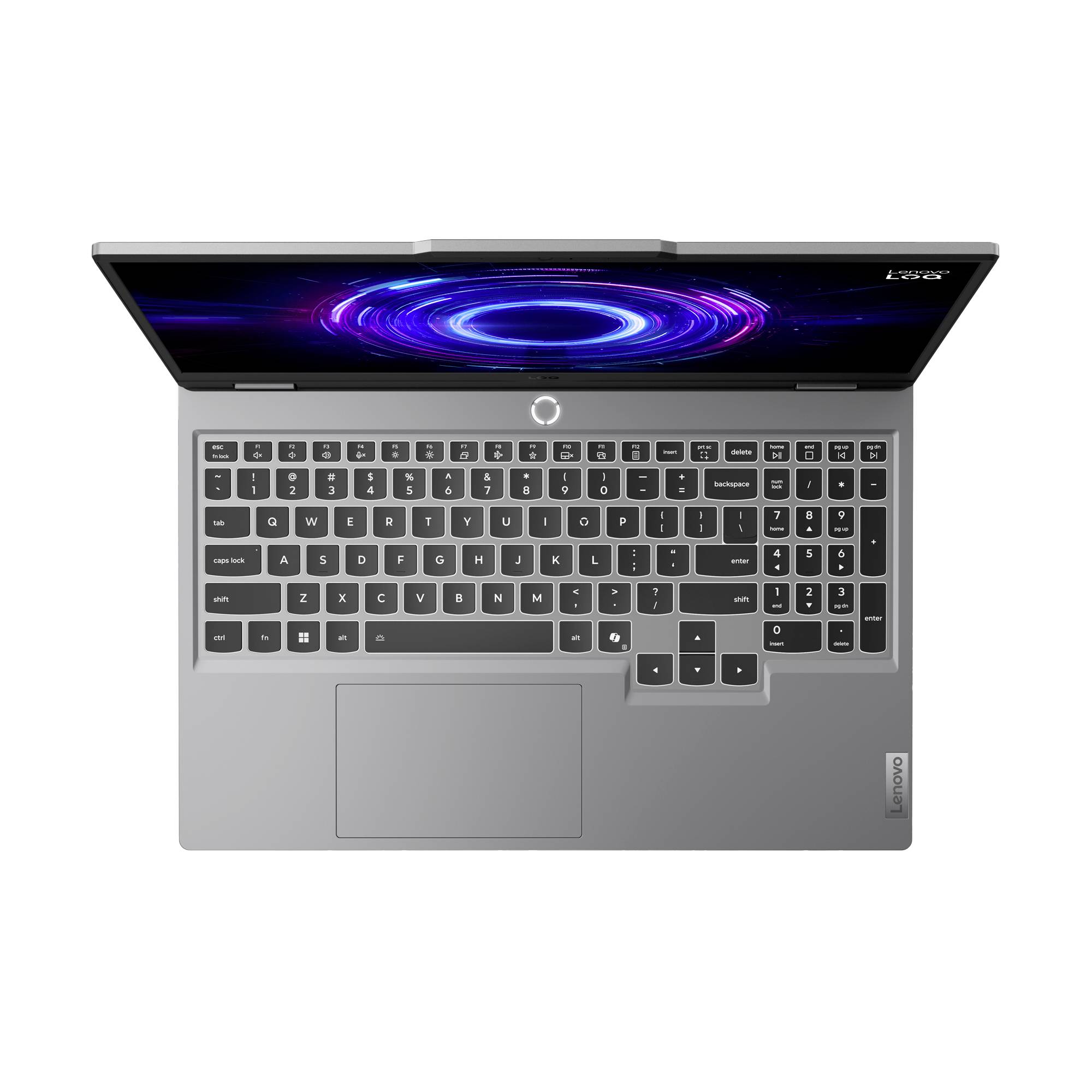 Draufsicht eines offenen Lenovo-Laptops mit beleuchtetem Keyboard und Trackpad auf weißem Hintergrund.