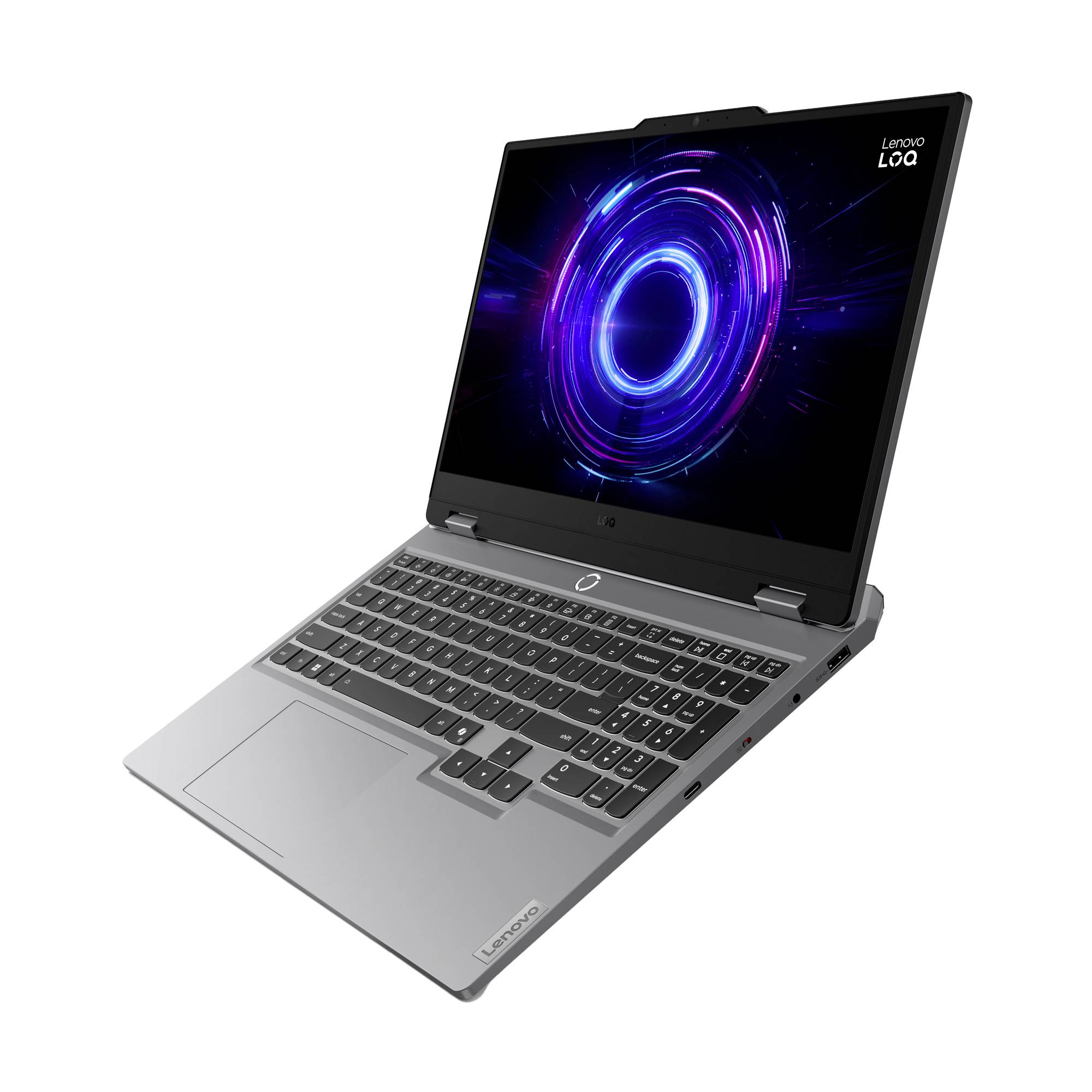Silberner Lenovo LOQ Laptop, der in einem Winkel geöffnet ist und auf dem Bildschirm ein leuchtendes violettes kreisförmiges Grafikdesign zu sehen ist.