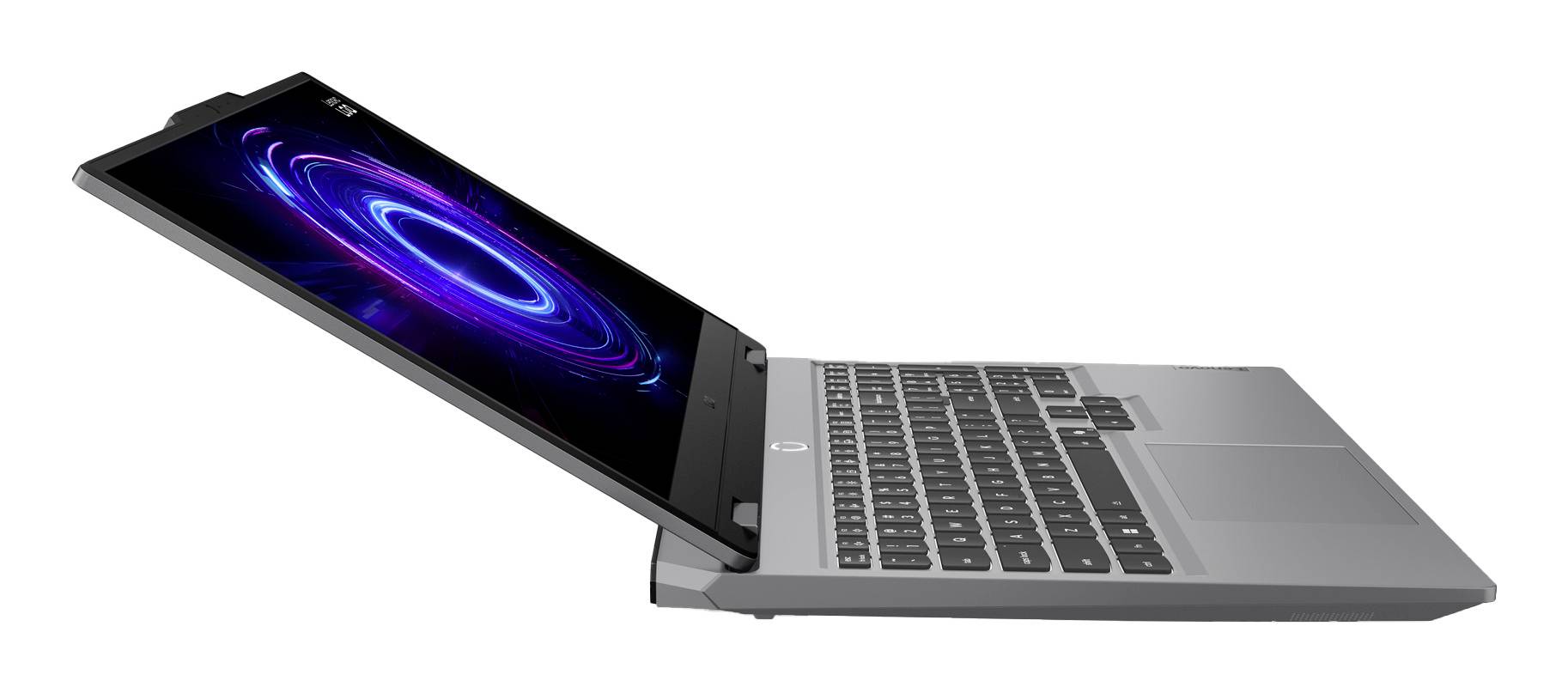 Seitenansicht eines grauen Laptops, der in einem Winkel geöffnet ist und zeigt eine leuchtende violett-blaue Ring-Grafik auf dem Bildschirm.