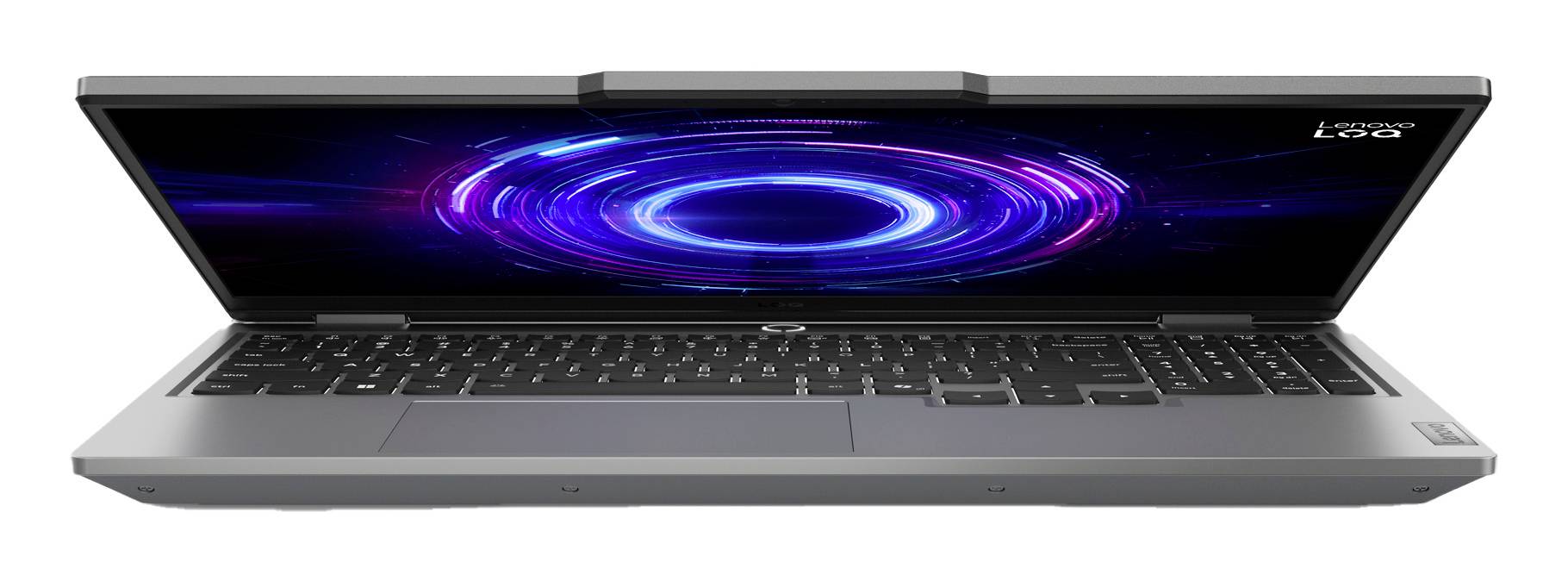 Laptop mit einem lila leuchtenden Ring auf dem Bildschirm, das ein Gaming-ähnliches Display und eine Tastatur zeigt.