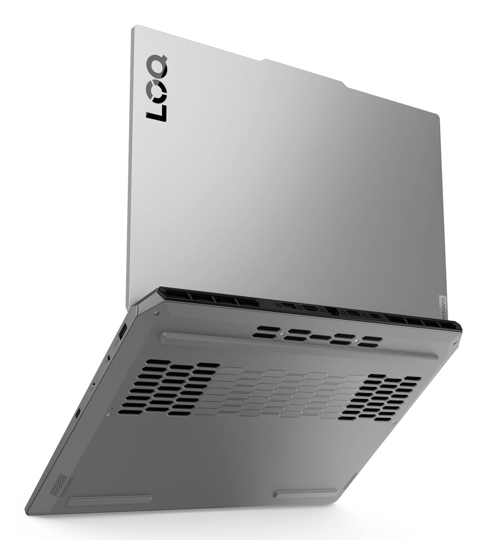 Geschlossener grauer Laptop von der Unterseite gezeigt, mit sichtbaren Lüftungsschlitzen und Gummifüßen; das Markenlogo „LOQ" erscheint auf der Rückseite.