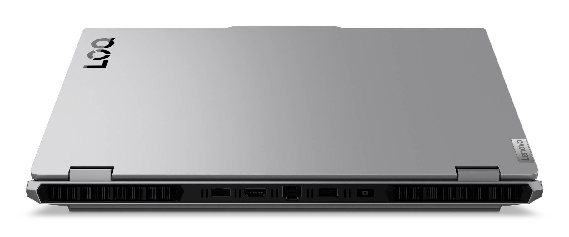 Zugeklappter silberner Lenovo-Laptop von hinten gezeigt, mit Lenovo-Logo auf dem Deckel und sichtbaren hinteren Lüftungsöffnungen.
