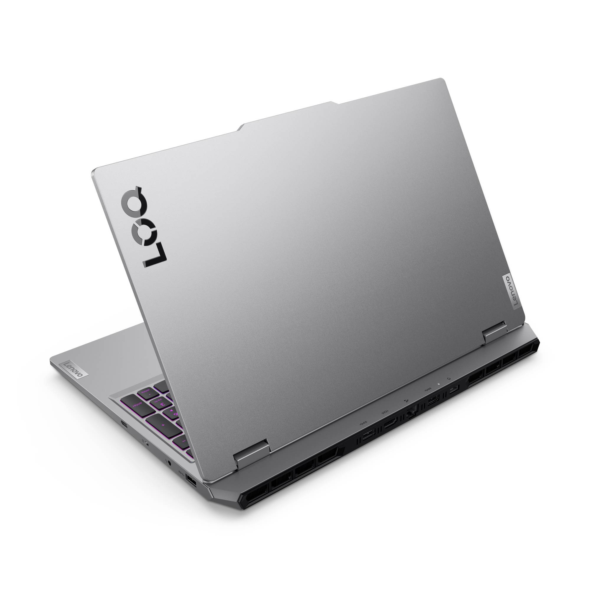 Silberner Lenovo-Laptop, teilweise geöffnet, zeigt die Tastatur und die hinteren Kühlungsöffnungen.