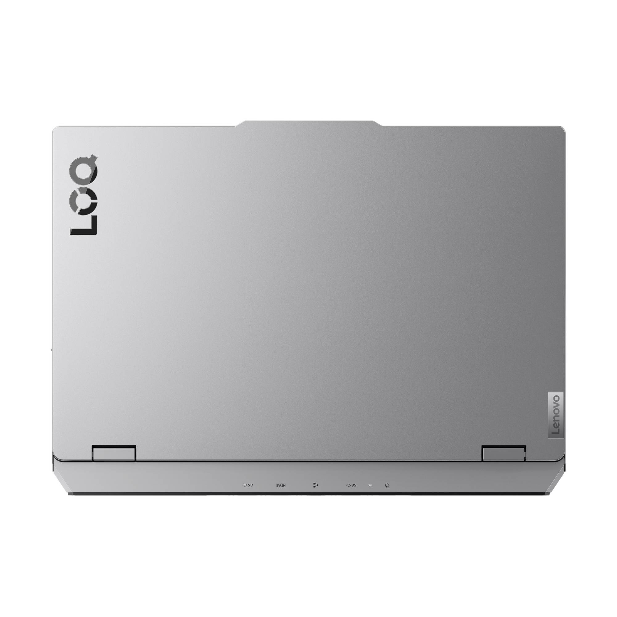 Geschlossener silberner Lenovo-Laptop von hinten gezeigt, mit Lenovo-Logo auf dem Deckel.