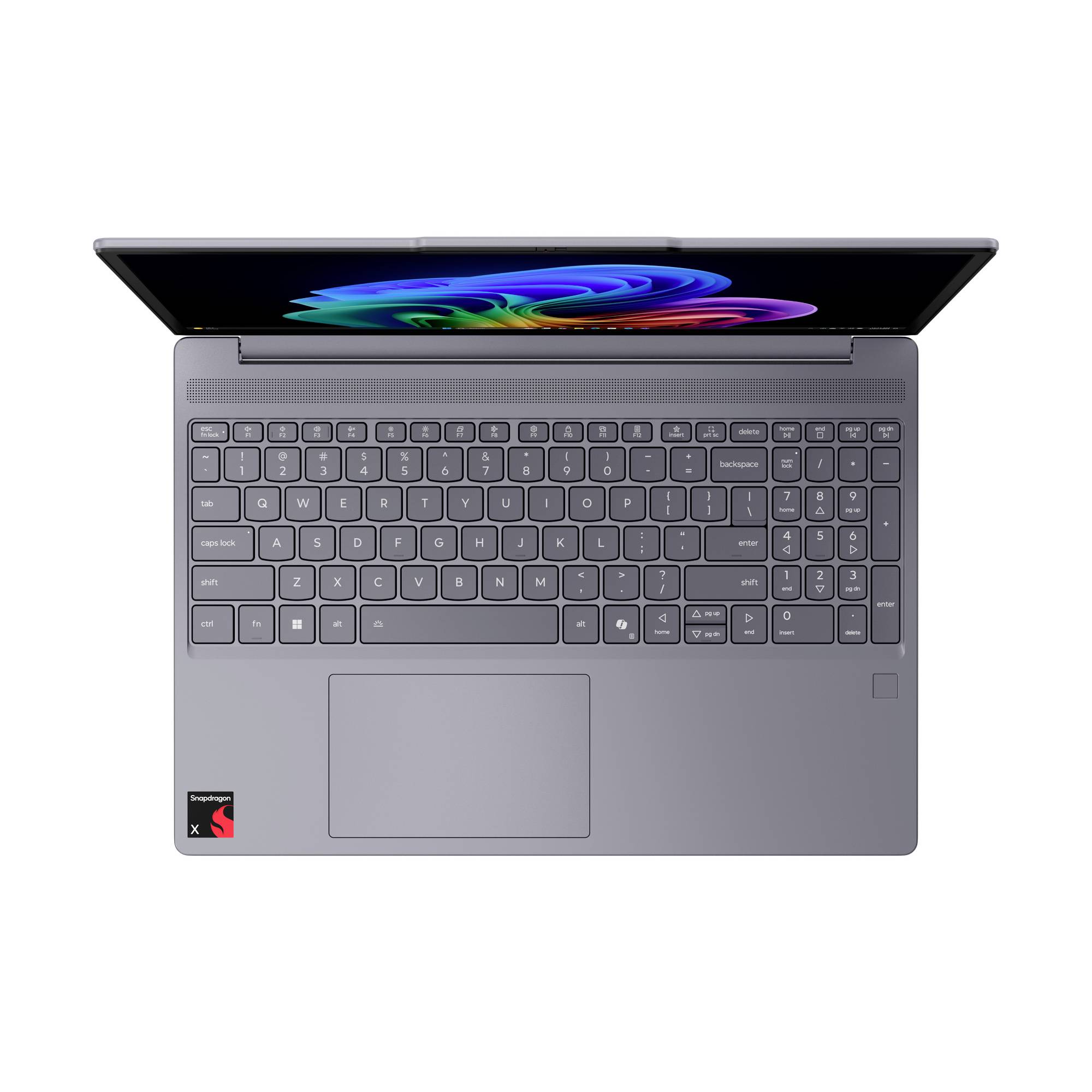 Draufsicht auf einen grauen Laptop mit geöffnetem Bildschirm, der Tastatur, großem Touchpad und farbenfroher abstrakter Anzeige.