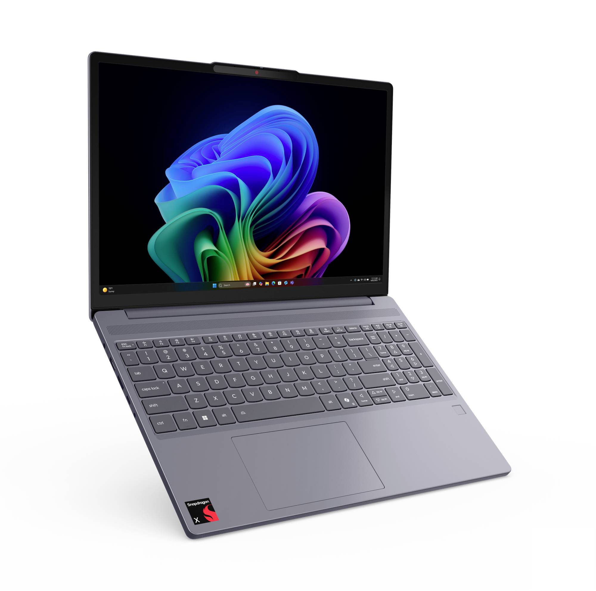 Silberner Laptop in einem Winkel geöffnet, zeigt eine farbenfrohe abstrakte Blumentapete auf dem Bildschirm und eine vollständige Tastatur mit Touchpad.