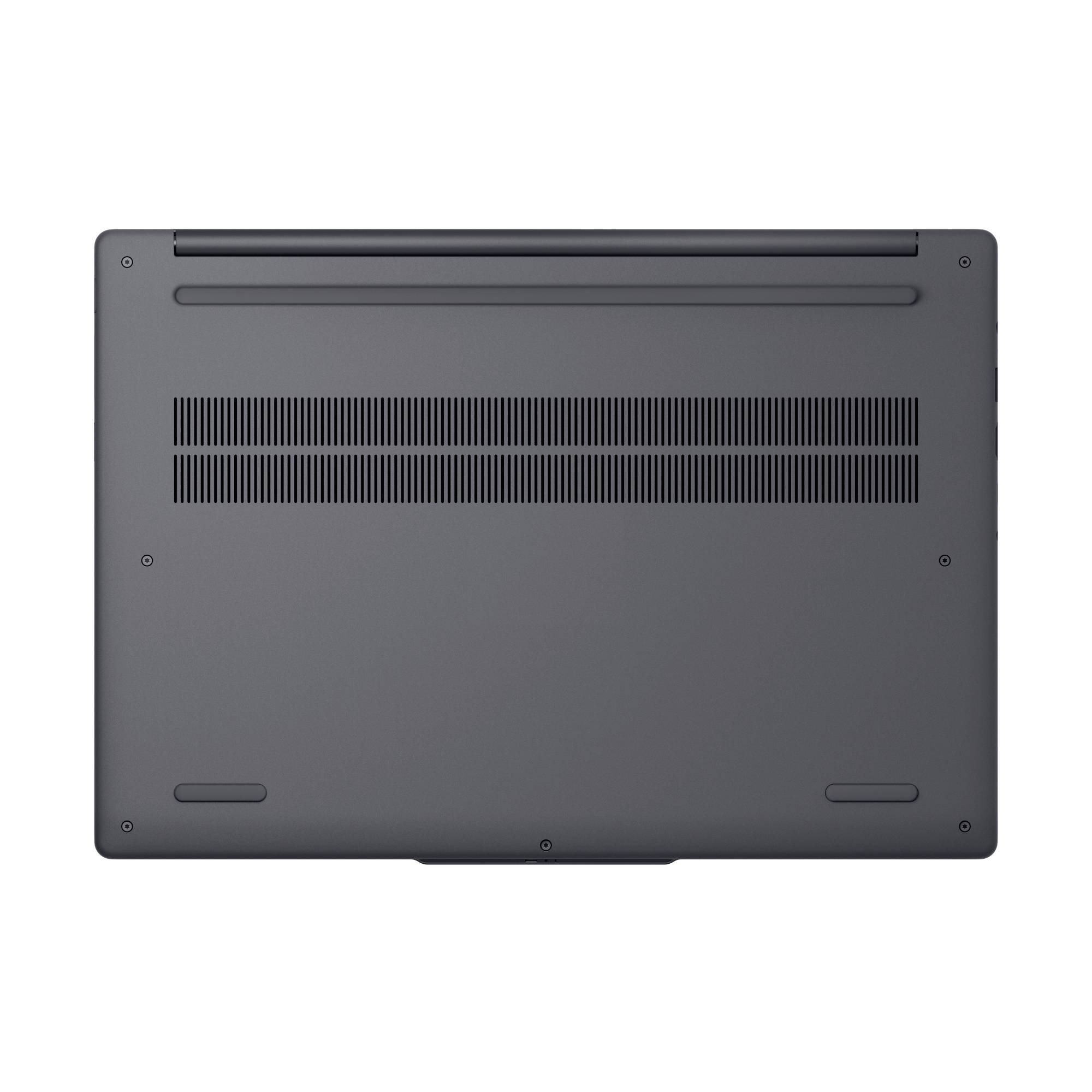 Unteransicht eines geschlossenen grauen Laptops mit Lüftungsgittern, Schrauben und Gumminoppen.