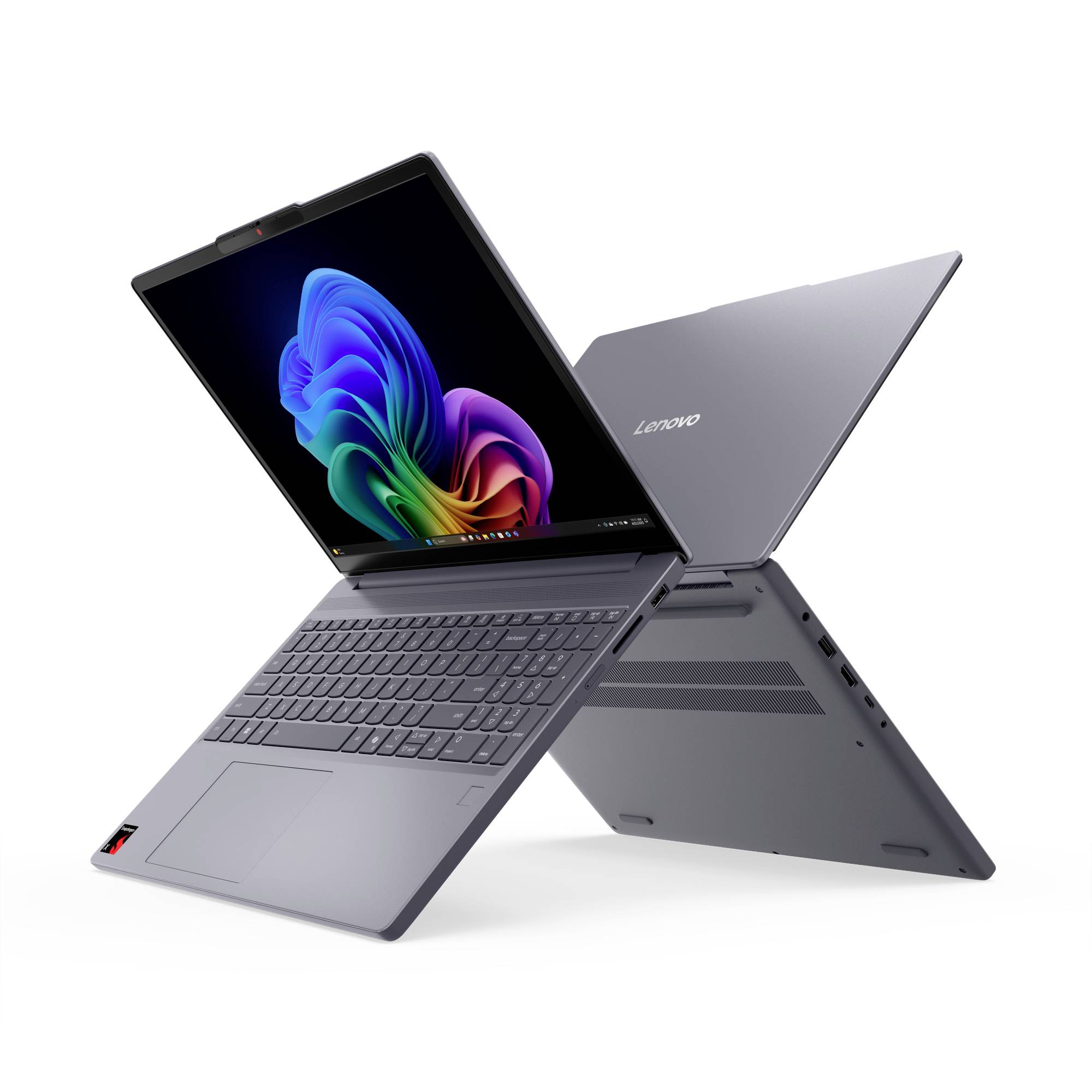 Lenovo-Laptop in zwei Positionen dargestellt, das ein Convertible-Design mit Tastatur, Touchscreen und Scharnier zum Zusammenklappen auf weißem Hintergrund hervorhebt.
