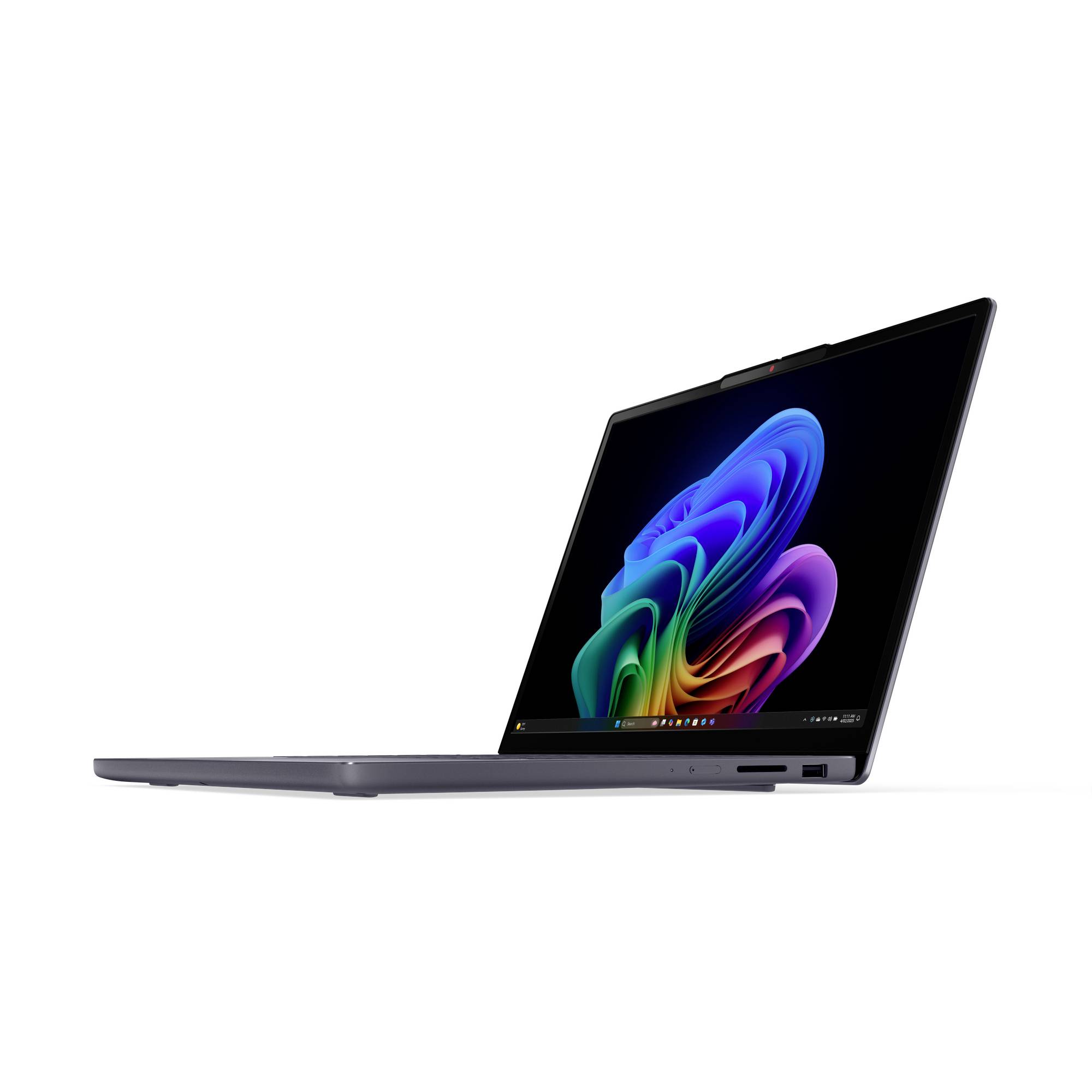 Seitenansicht eines schlanken Laptops, teilweise geöffnet und zeigt ein farbenfrohes abstraktes Blumen-Hintergrundbild auf dem Bildschirm.