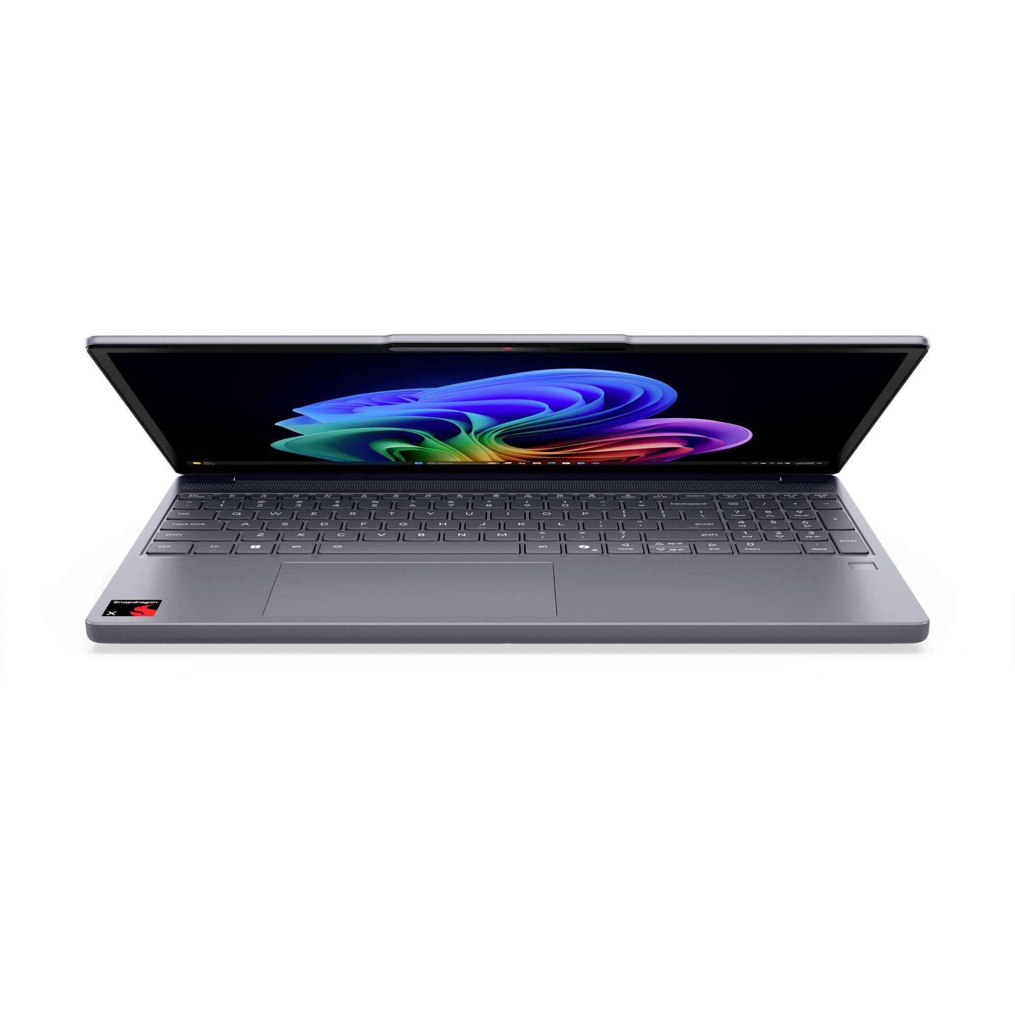 Offener Laptop-Computer mit buntem abstraktem Hintergrundbild auf dem Bildschirm, frontal gegen einen weißen Hintergrund gezeigt.