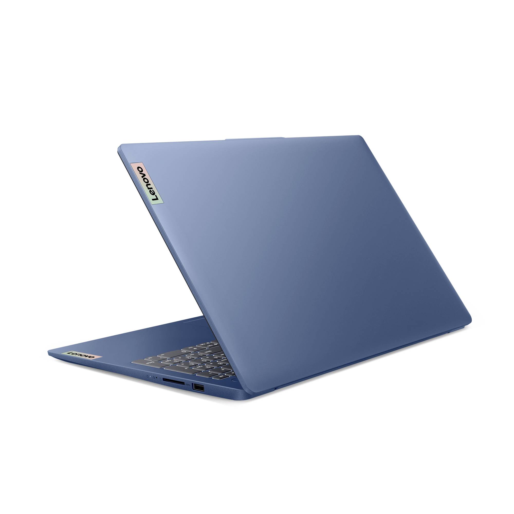 Blauer Lenovo-Laptop, teilweise geöffnet auf weißem Hintergrund, zeigt die Tastatur und das dünne Seitenprofil.
