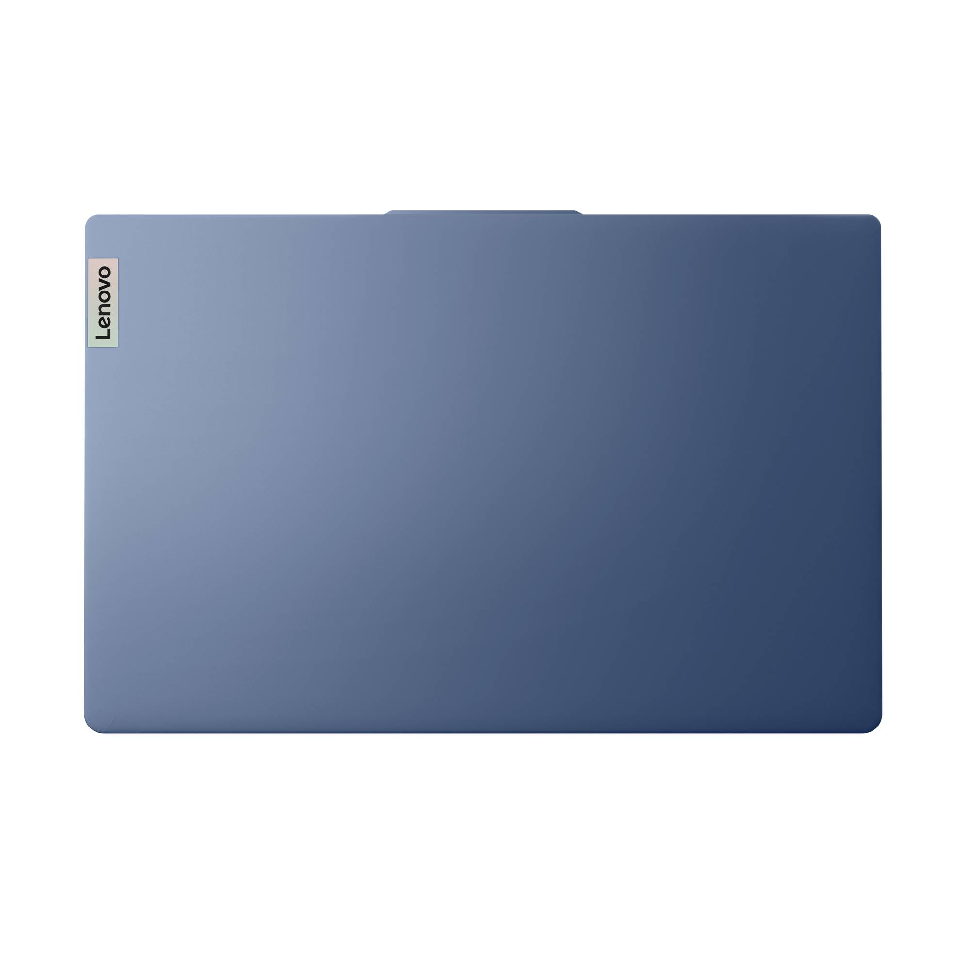 Geschlossenes blaues Lenovo-Laptop, von oben auf einem einfachen weißen Hintergrund fotografiert.