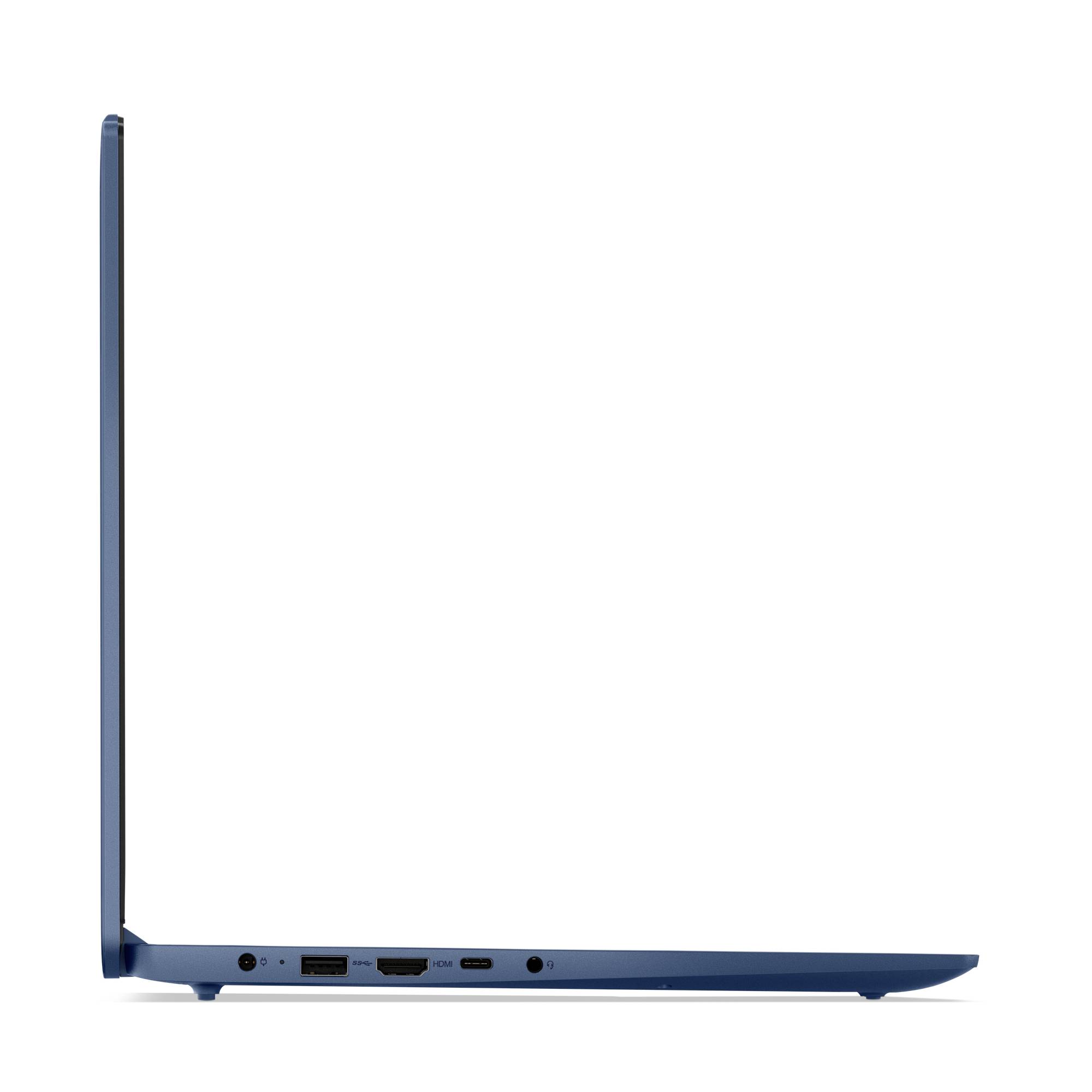 Seitenansicht eines geschlossenen blauen Laptops, die sein dünnes Profil und die Anschlüsse entlang der Basis zeigt.