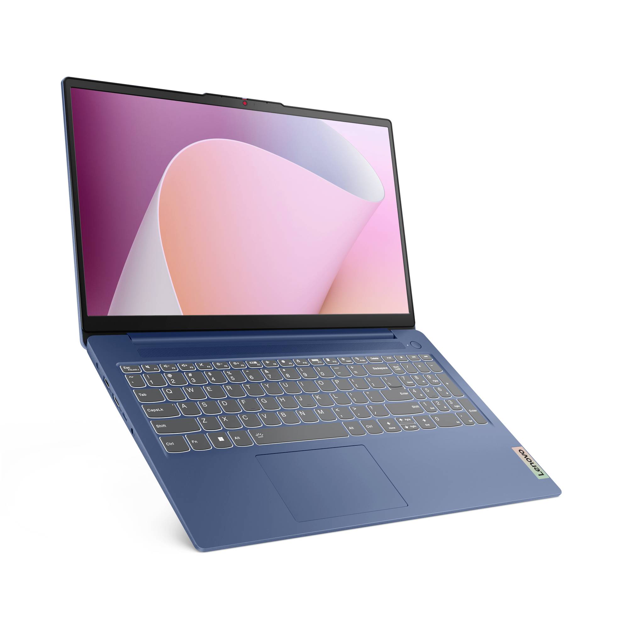 Blauer Laptop mit geöffnetem Bildschirm und Tastatur auf weißem Hintergrund