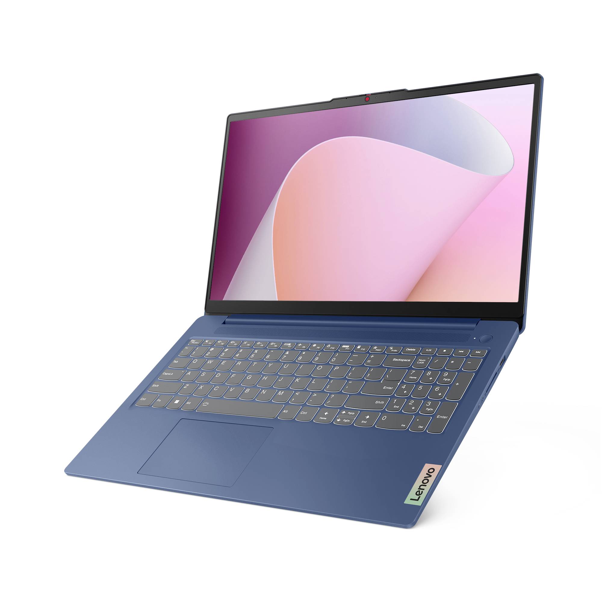 Blauer Lenovo-Laptop auf weißem Hintergrund offen, mit rosa abstraktem Hintergrundbild auf dem Bildschirm.