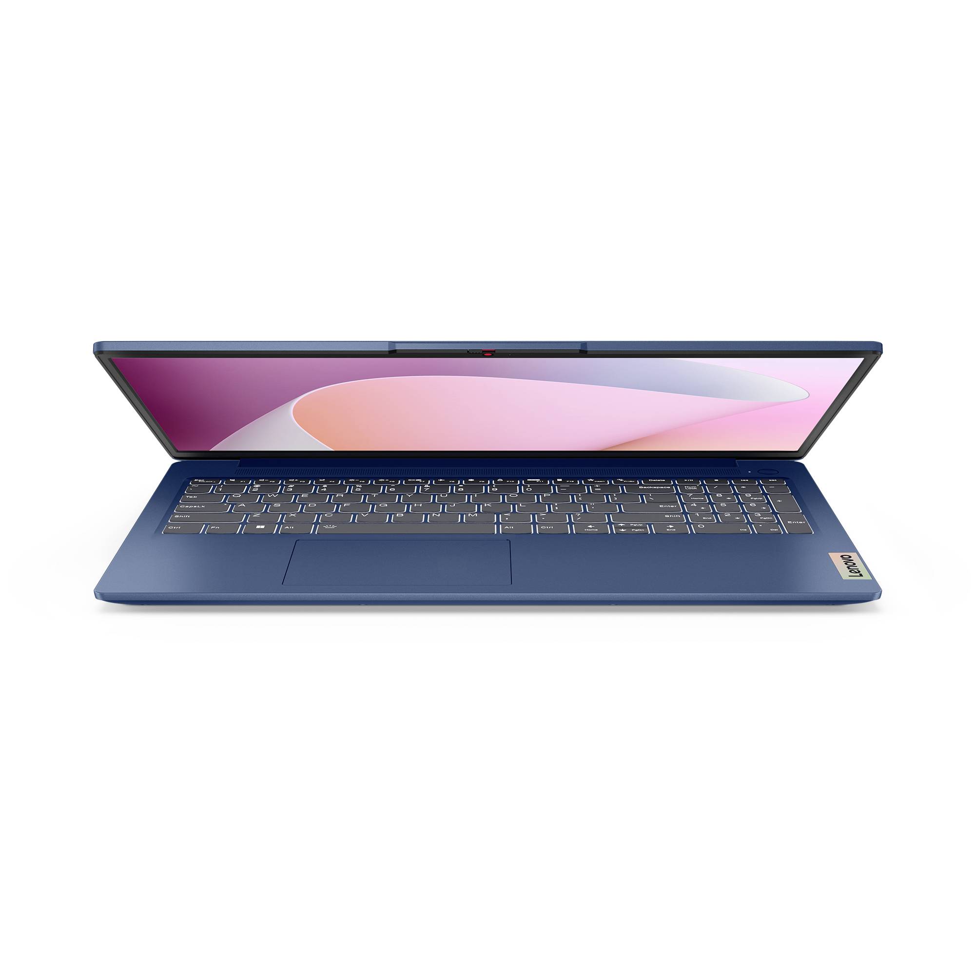 Offener blauer Laptop, frontal gezeigt, mit leicht geöffnetem Bildschirm auf weißem Hintergrund.