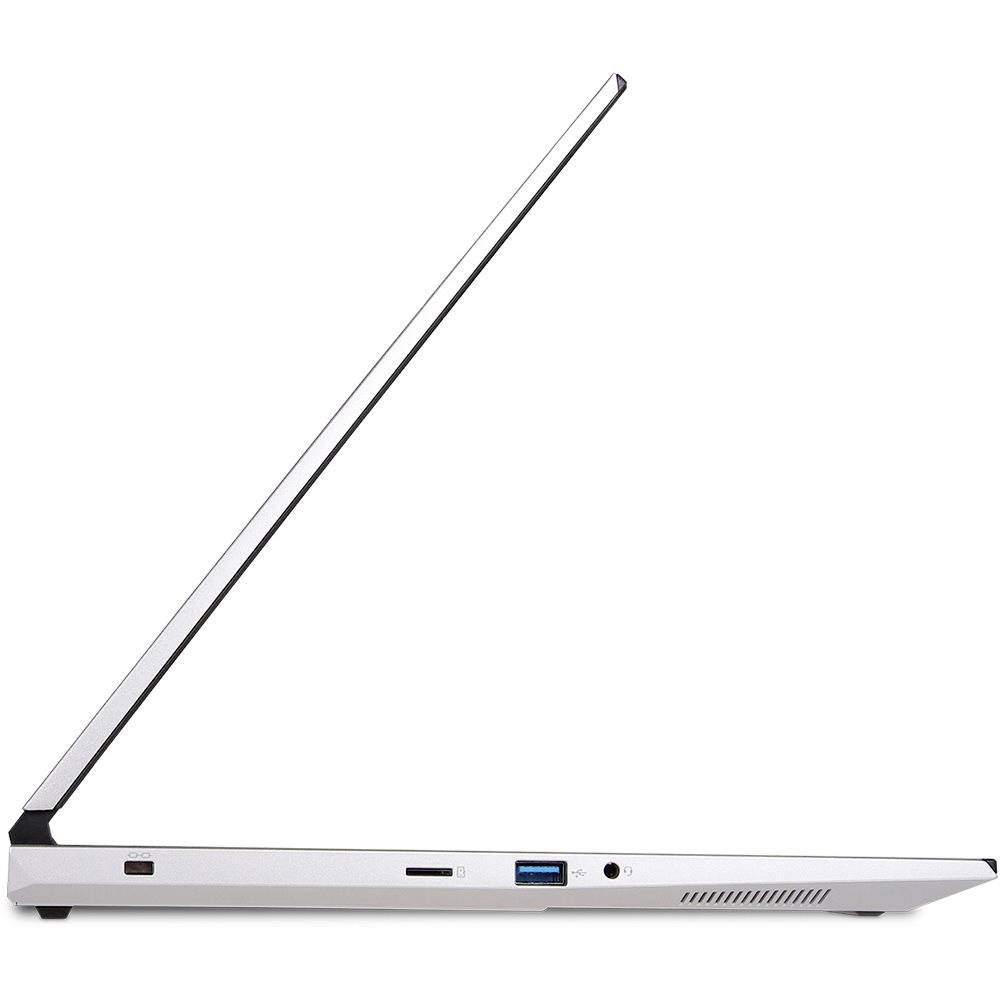 Seitenansicht eines schlanken silbernen Laptops mit geöffnetem Deckel in einem spitzen Winkel, die sein dünnes Profil und die vorderen Anschlüsse zeigt.