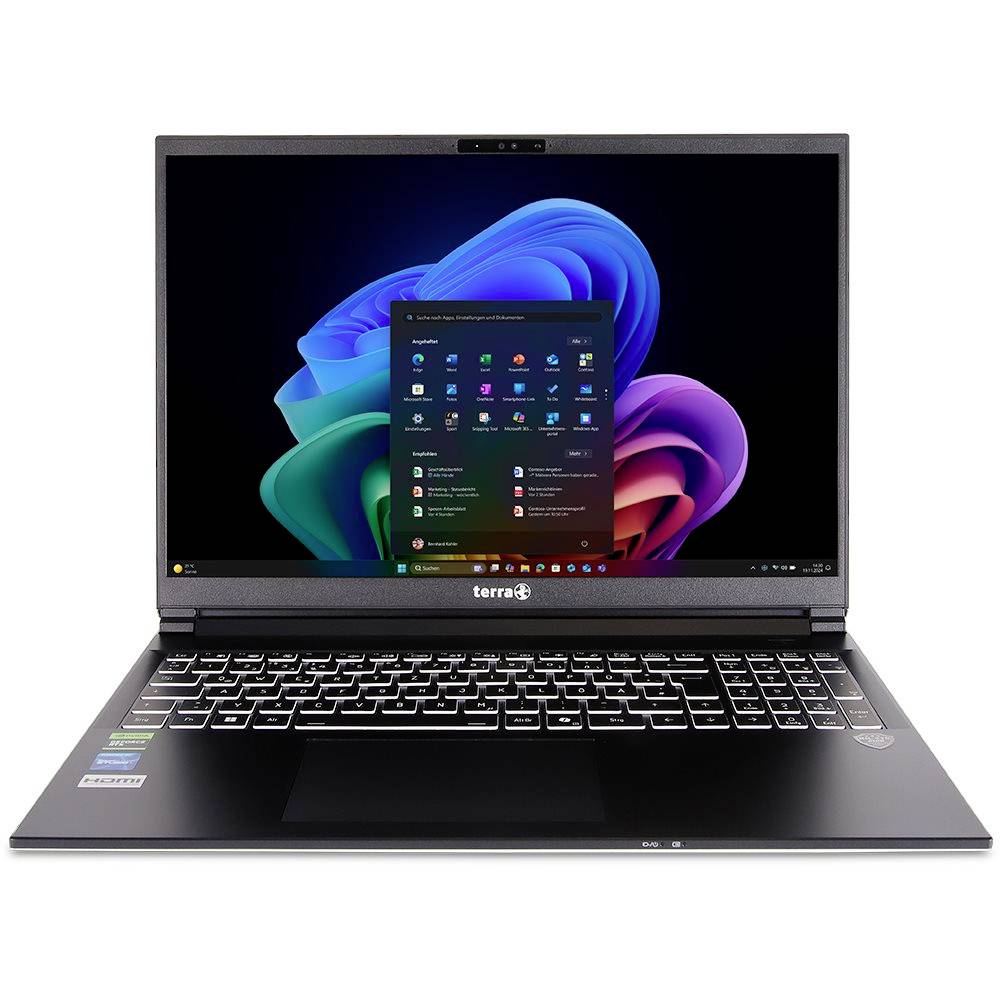 Vorderansicht eines Terra-Laptops mit offenen Windows 11 auf dem Bildschirm, das Startmenü wird über einem farbenfrohen abstrakten Hintergrundbild angezeigt.