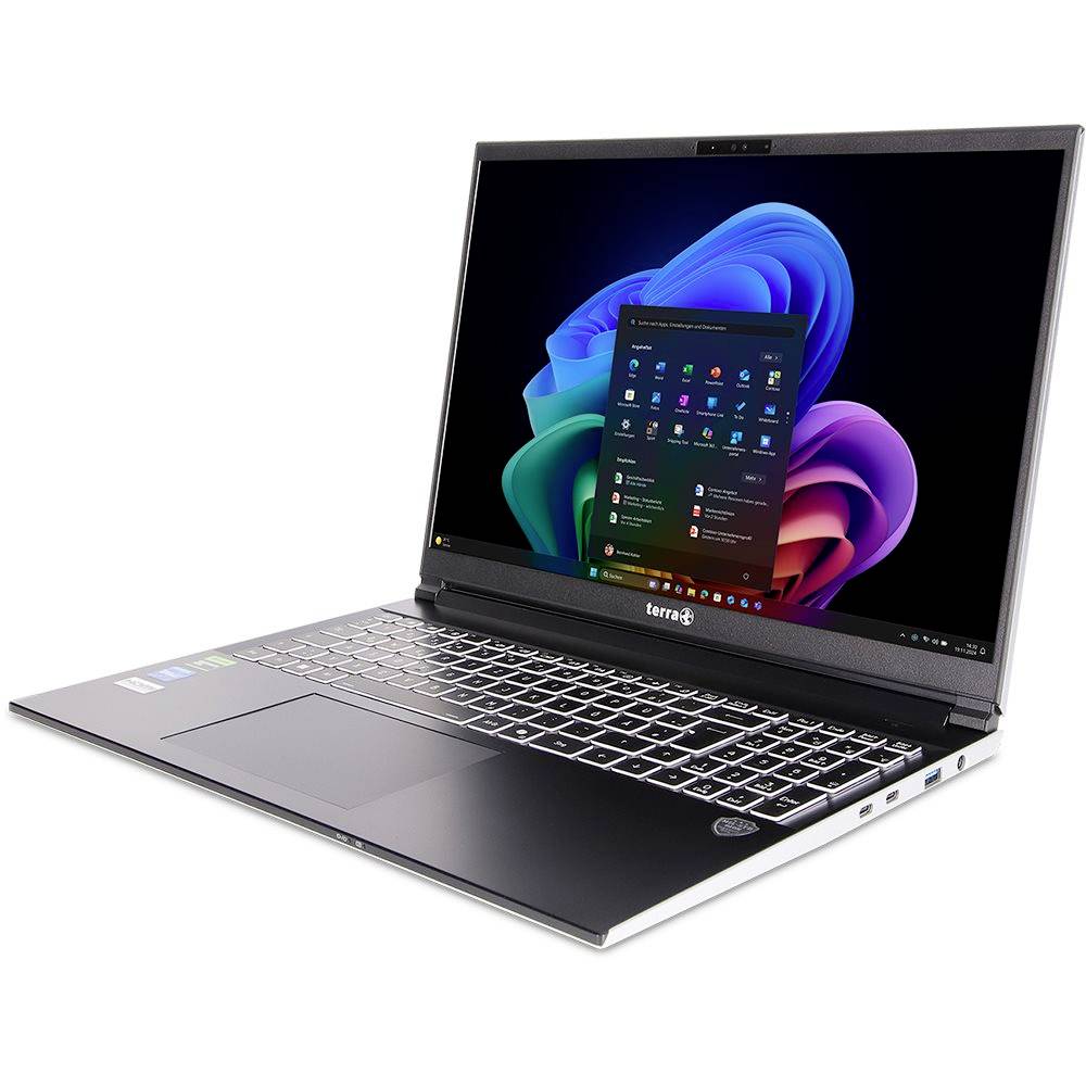 Laptop geöffnet mit Windows 11-Startmenü auf einem farbenfrohen abstrakten Hintergrund