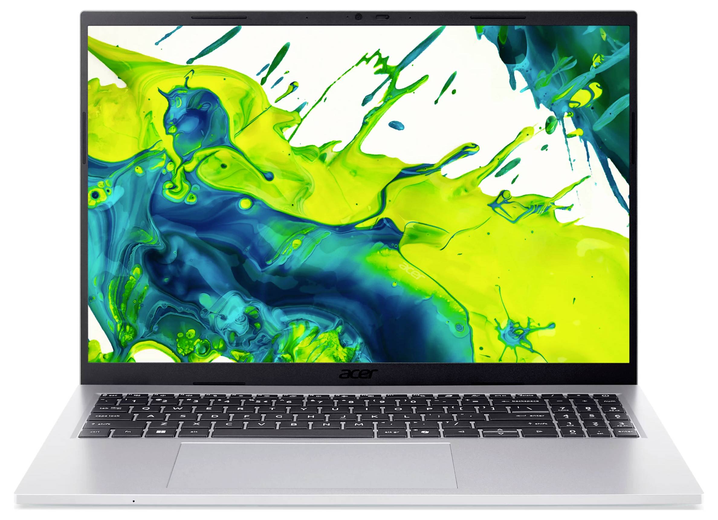 Ein silberner Acer-Laptop, der offen angezeigt wird und zeigt eine helle abstrakte blau-grüne Spritzer-Hintergrundgrafik auf dem Bildschirm.