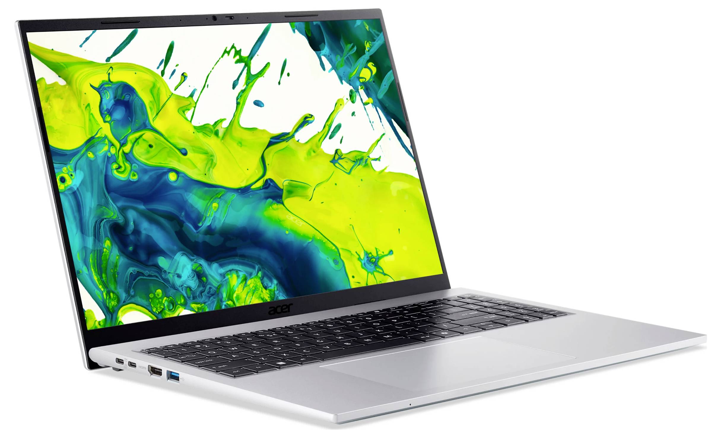 Silberner Acer-Laptop in schräger Position geöffnet, zeigt auf dem Bildschirm ein helles, abstraktes grünes und blaues Spritzer-Hintergrundbild.