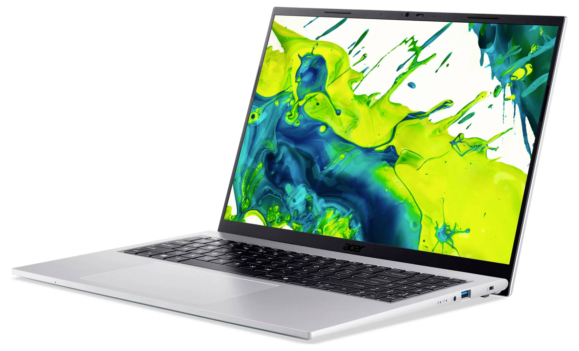 Silberner Acer-Laptop offen und nach rechts geneigt, zeigt einen hellen abstrakten blauen und grünen Spritzeffekt auf dem Bildschirm.