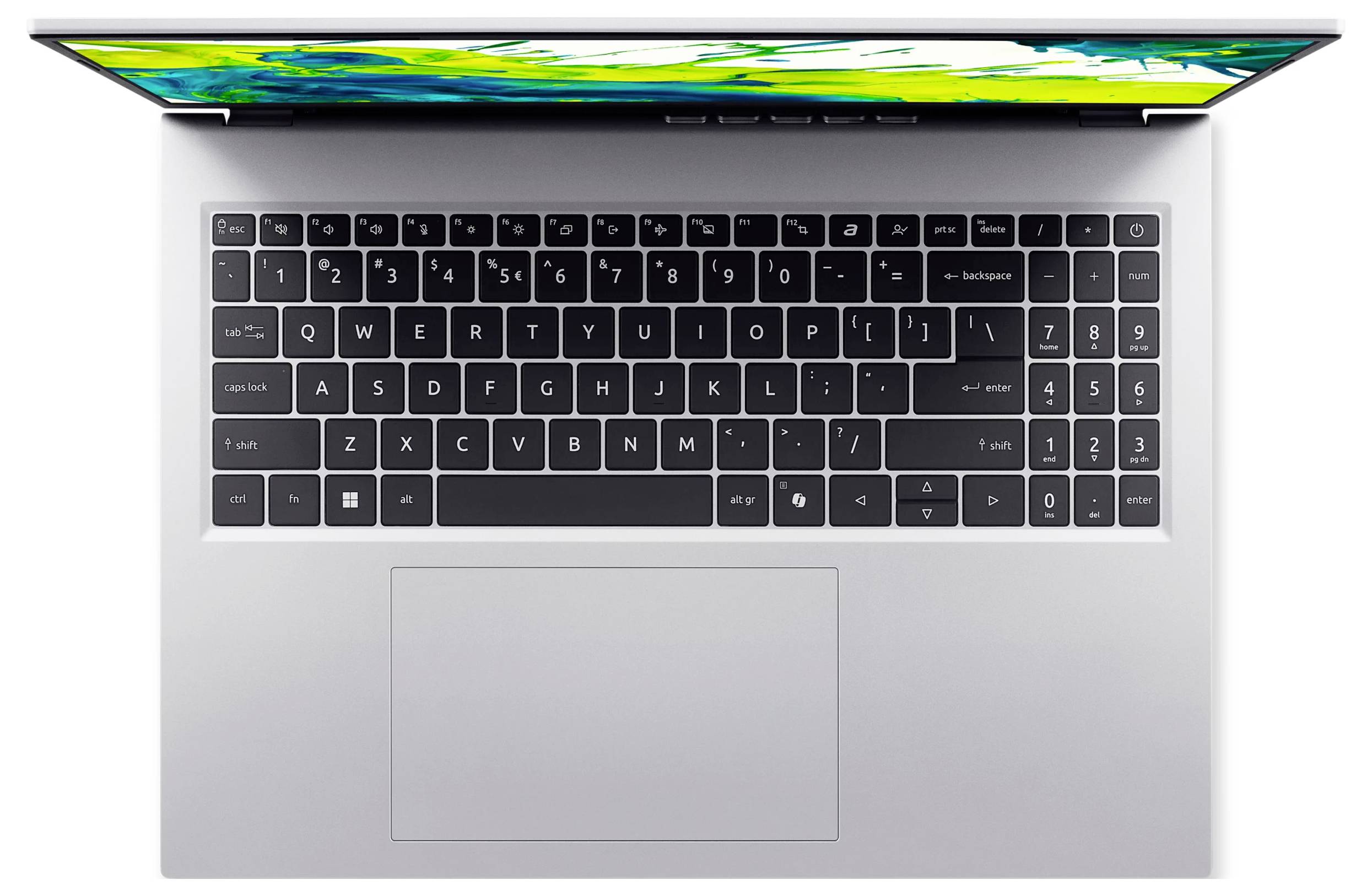 Draufsicht auf einen geöffneten silbernen Laptop mit Tastatur und großem Trackpad, das ein dünnes Display mit einem farbenfrohen abstrakten Bild in der Nähe der oberen Kante zeigt.