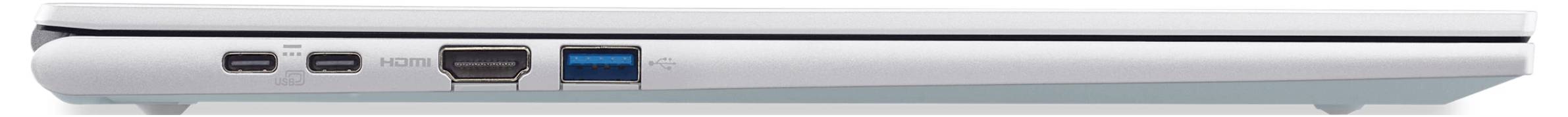 Seitenansicht einer Laptop-Kante mit USB-C-Anschluss, HDMI-Anschluss und blauem USB-A-Anschluss.