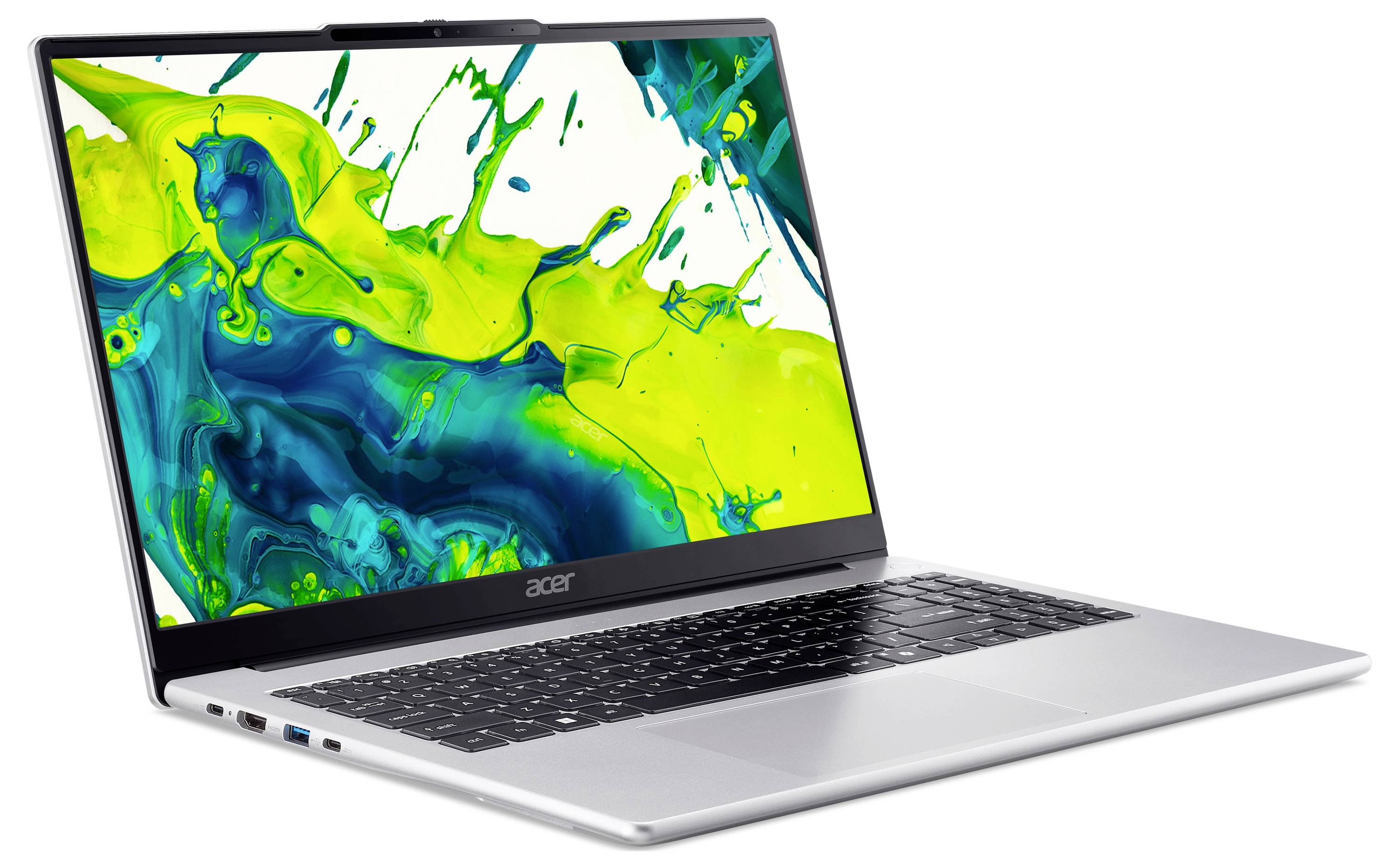 Silberner Acer-Laptop, offen auf weißem Hintergrund dargestellt, mit einem hellen abstrakten grünen und blauen Spritzer auf dem Bildschirm.