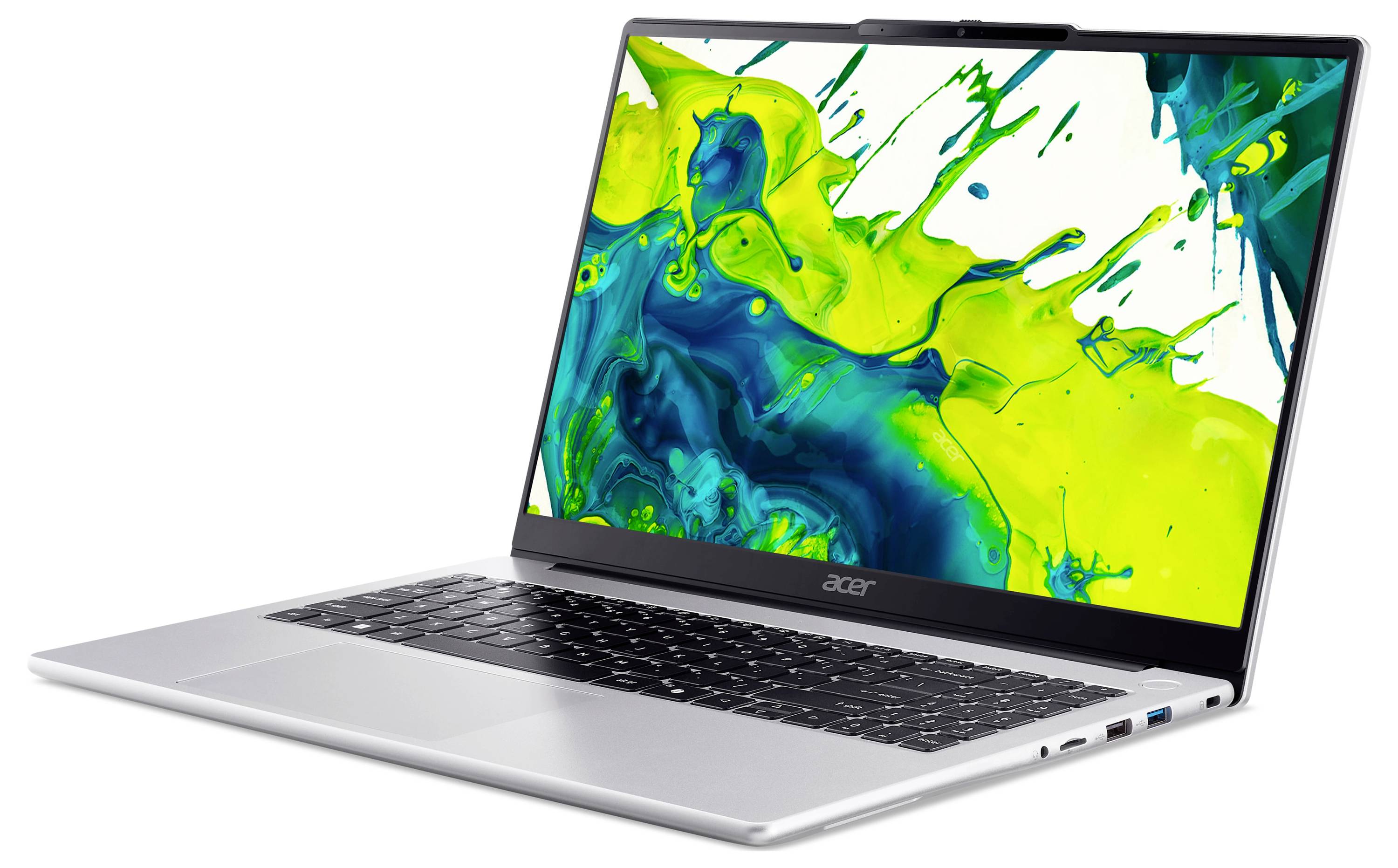 Silberner Acer-Laptop, in einem Winkel geöffnet, mit einem leuchtend grünen und blauen abstrakten Spritzer-Hintergrundbild auf dem Bildschirm.