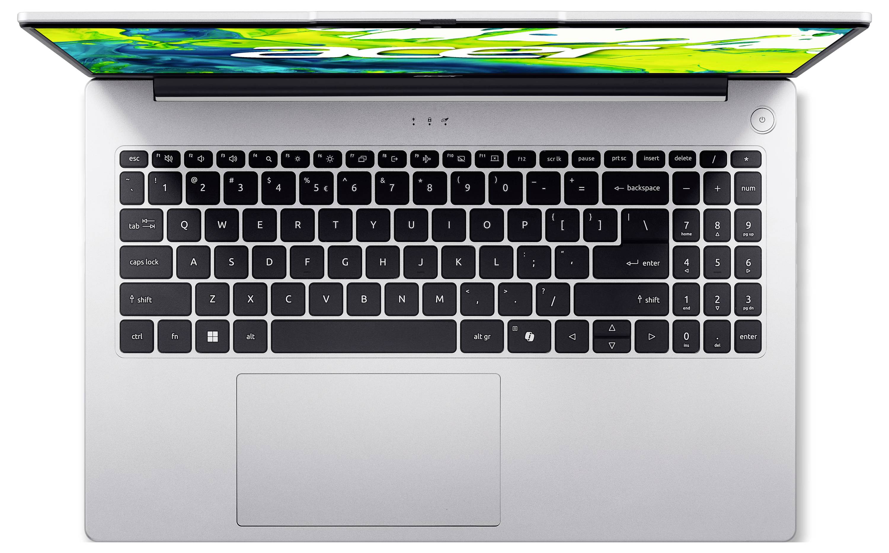 Draufsicht auf einen offenen silbernen Laptop mit schwarzer Tastatur und Trackpad, das ein farbenfrohe abstrakte Anzeige auf dem Bildschirm zeigt.