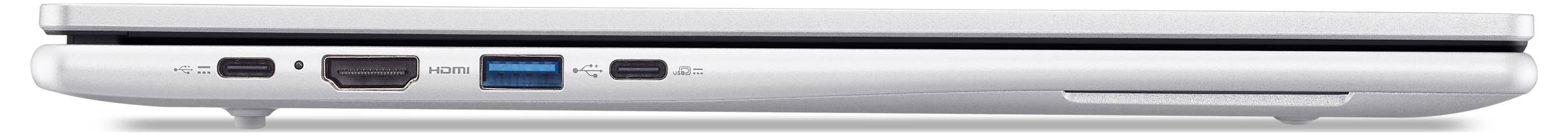 Seitenansicht eines geschlossenen silbernen Laptops mit seiner linken Kante, auf der Anschlüsse zu sehen sind, einschließlich USB- und HDMI-Verbindungen.