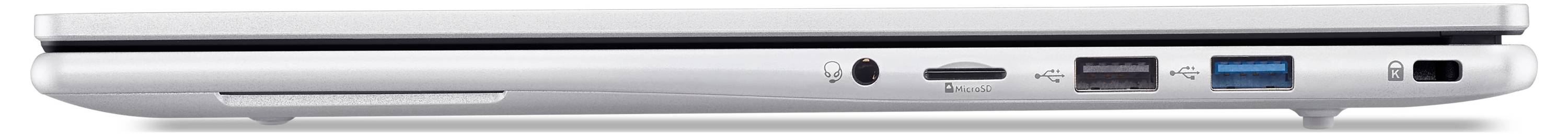 Seitenansicht eines silbernen Laptops mit geschlossenem Deckel, die zwei USB-Anschlüsse, einen SD-Kartenschacht und eine Kopfhörerbuchse an der Seite zeigt.