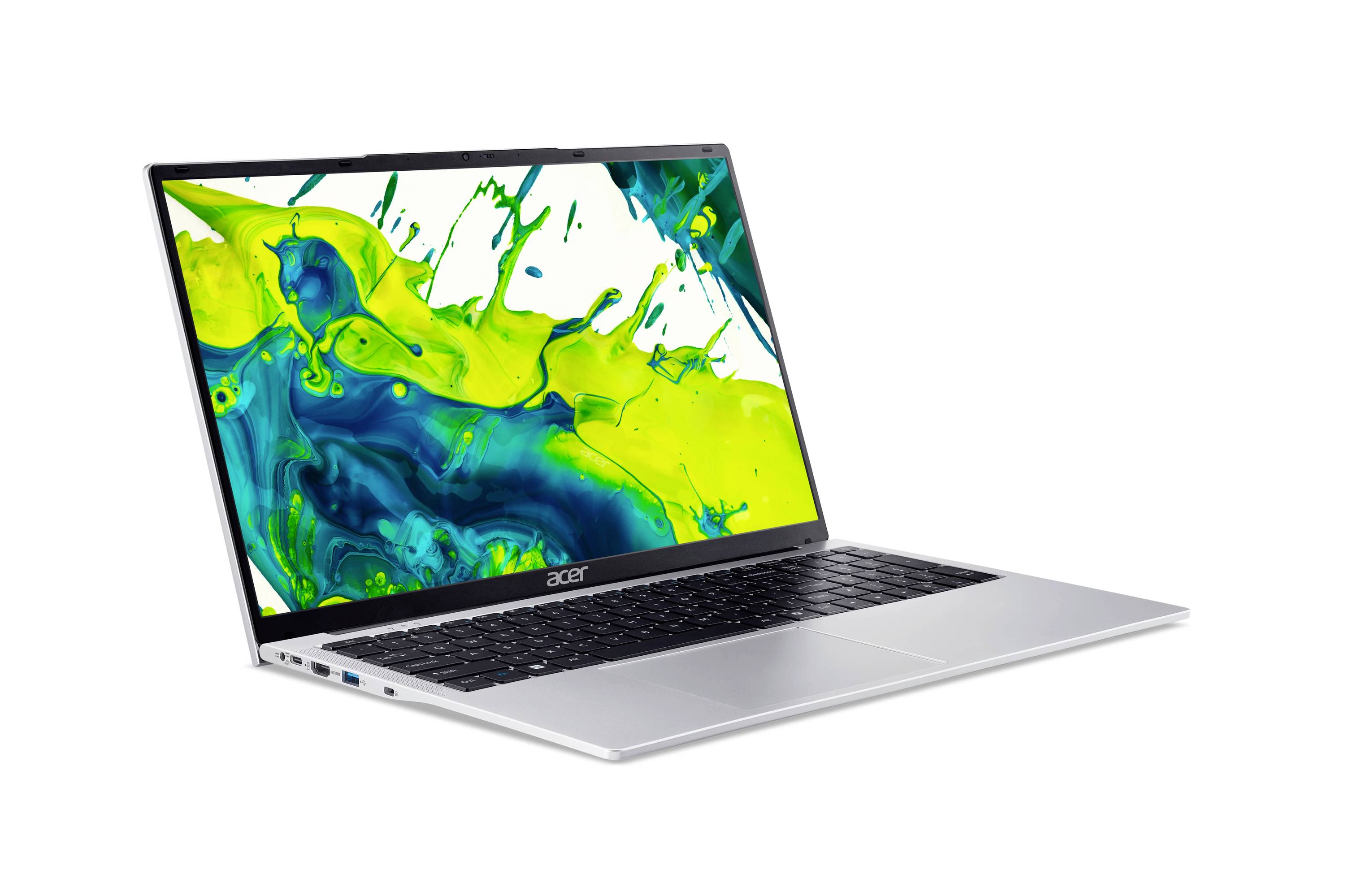 Ein silberner Acer-Laptop, angewinkelt geöffnet auf weißem Hintergrund, zeigt ein helles abstraktes grünes und blaues Spritzer-Wallpaper auf seinem Bildschirm.