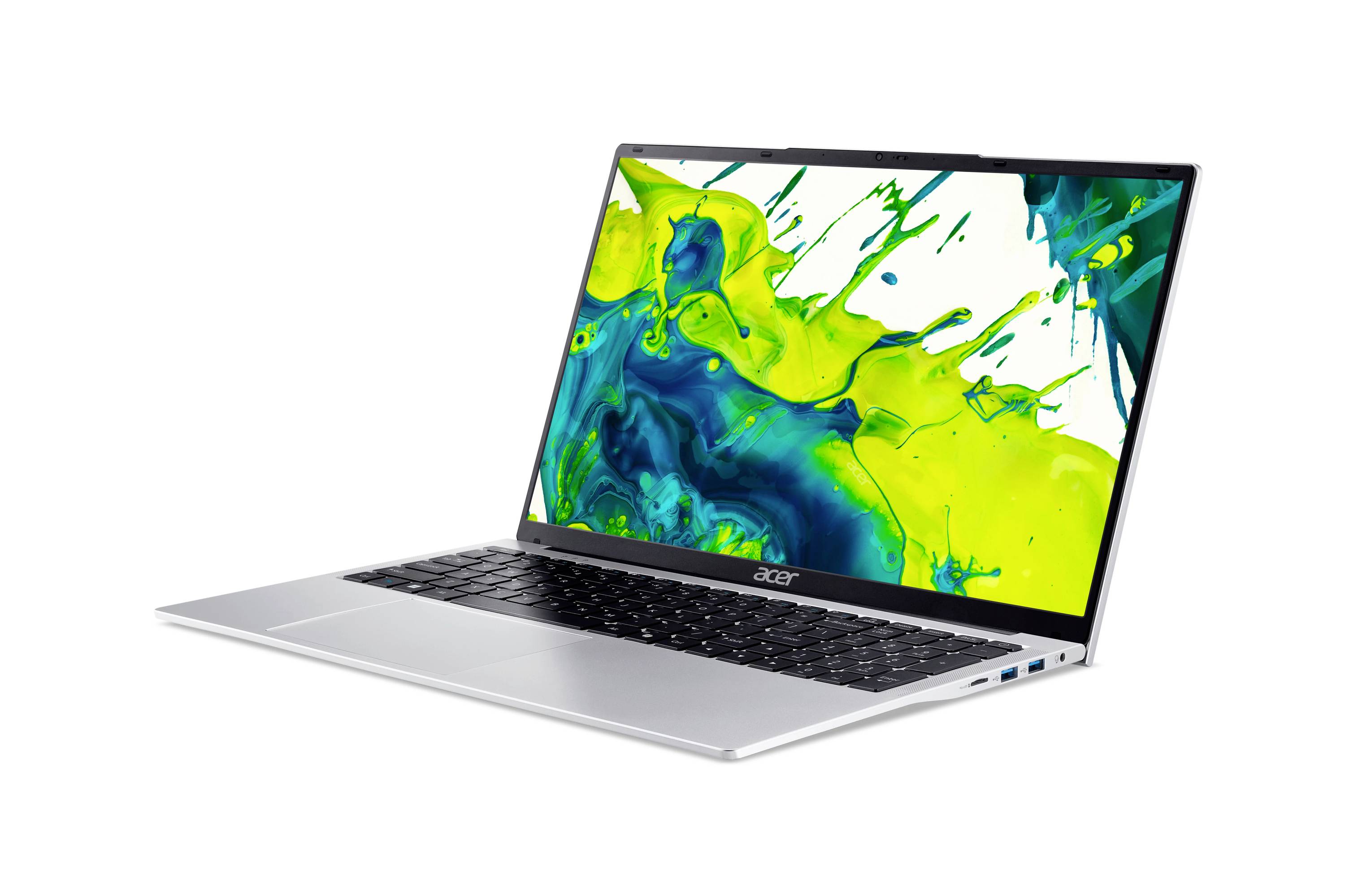 Silberner Acer-Laptop auf weißem Hintergrund geöffnet, zeigt einen leuchtend grünen und blauen abstrakten Spritzer auf dem Bildschirm.