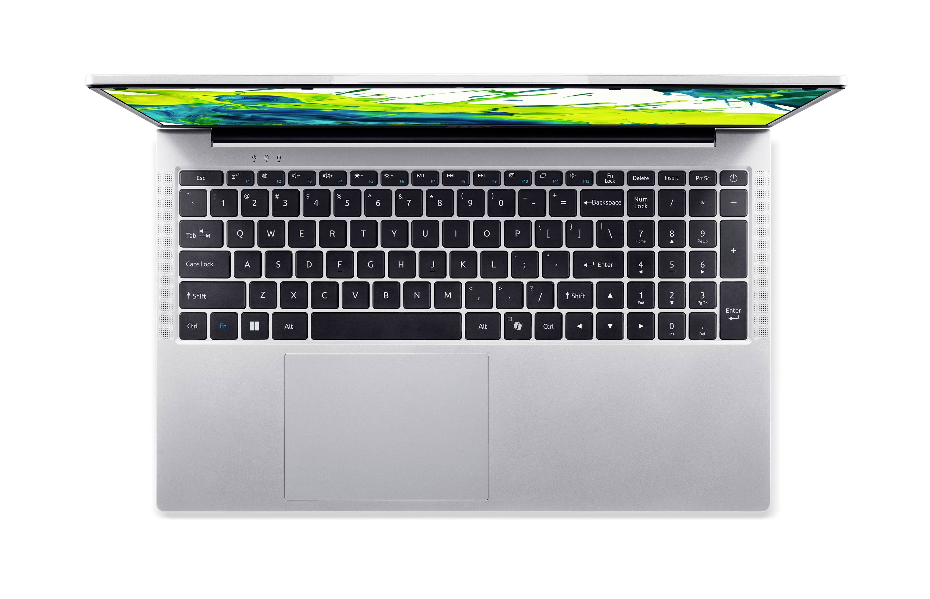 Draufsicht auf einen offenen silbernen Laptop mit Tastatur und großem Trackpad, der ein farbiges Display auf weißem Hintergrund zeigt.