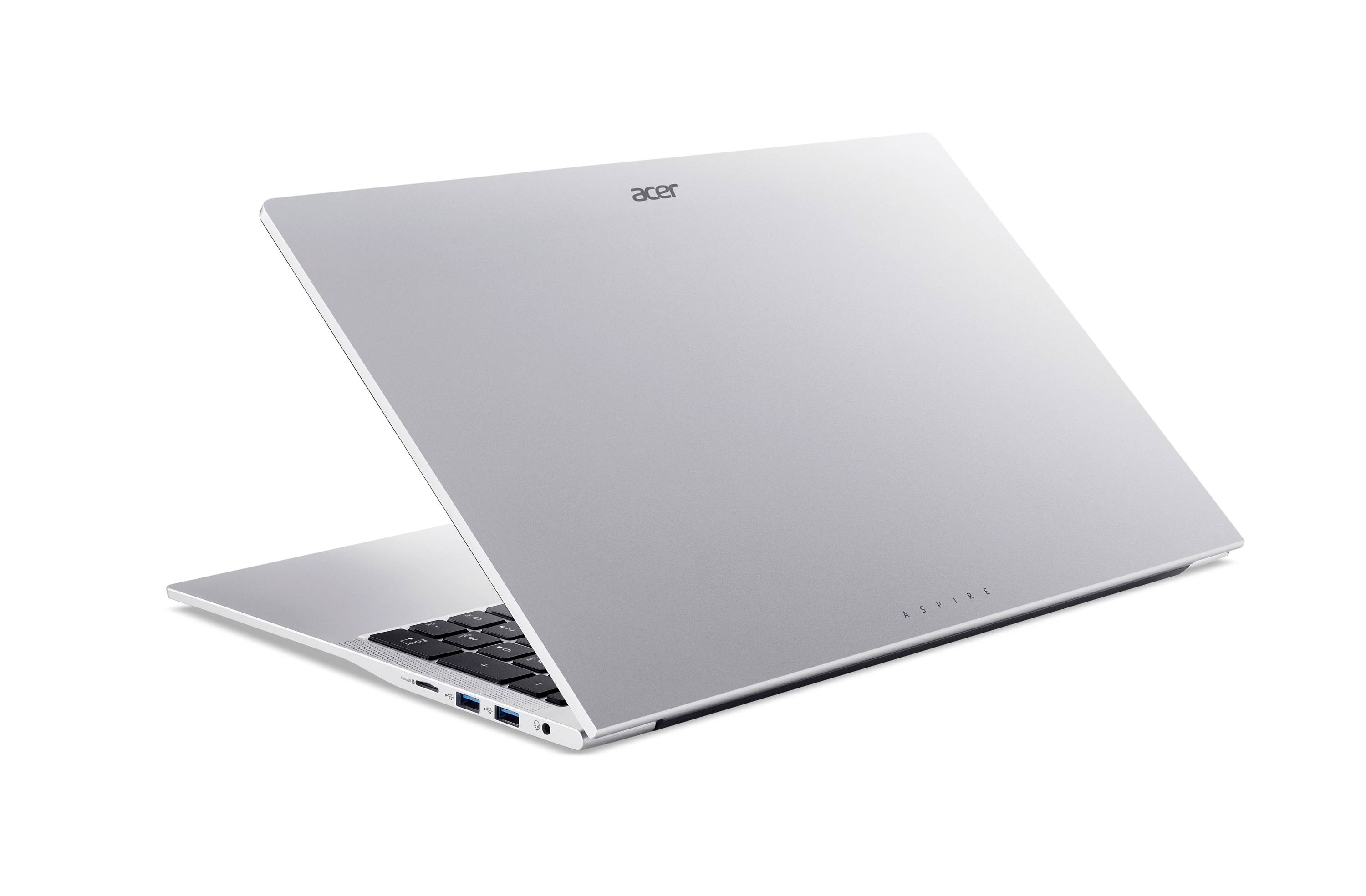 Silberner Acer-Laptop, schräg geöffnet auf weißem Hintergrund gezeigt, mit teilweise sichtbarer Tastatur und Seitenconnectoren.